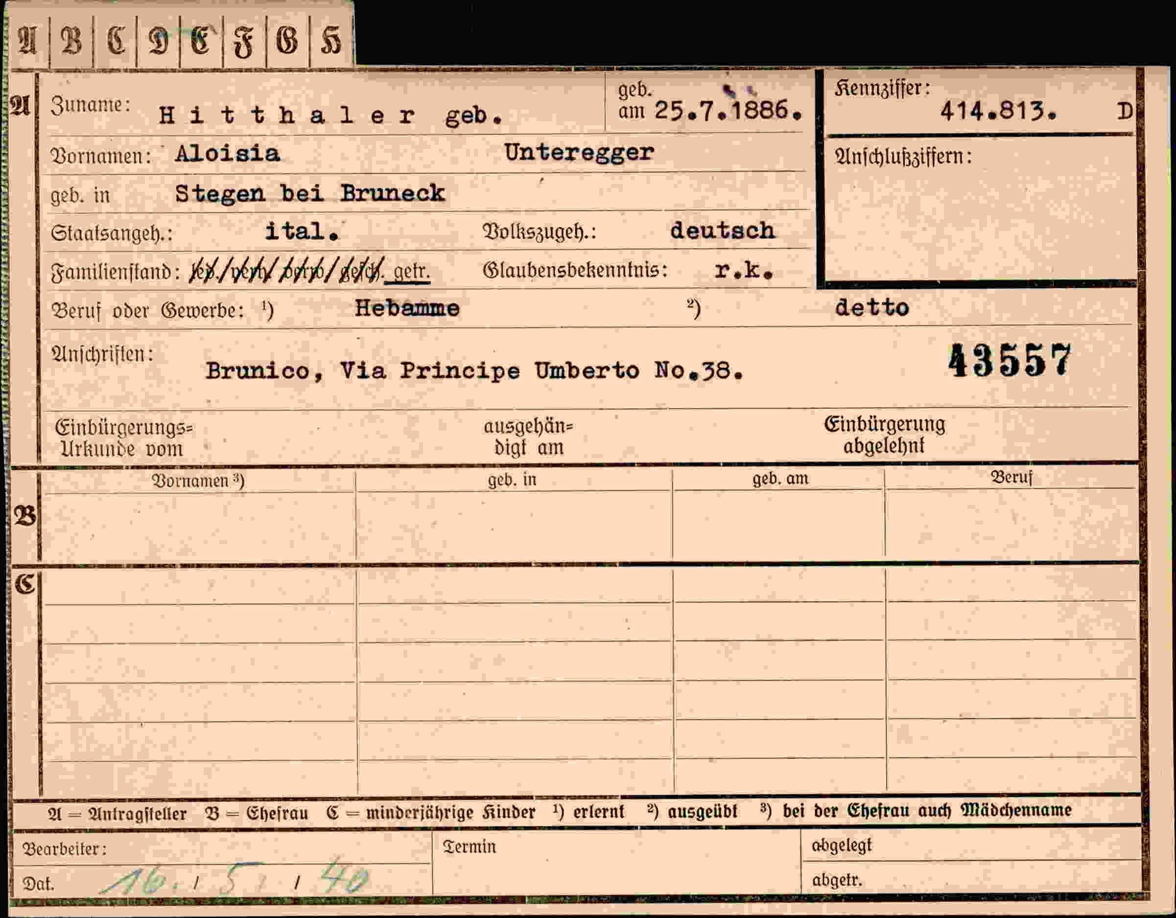 Dokument für Aloisia Hitthaler