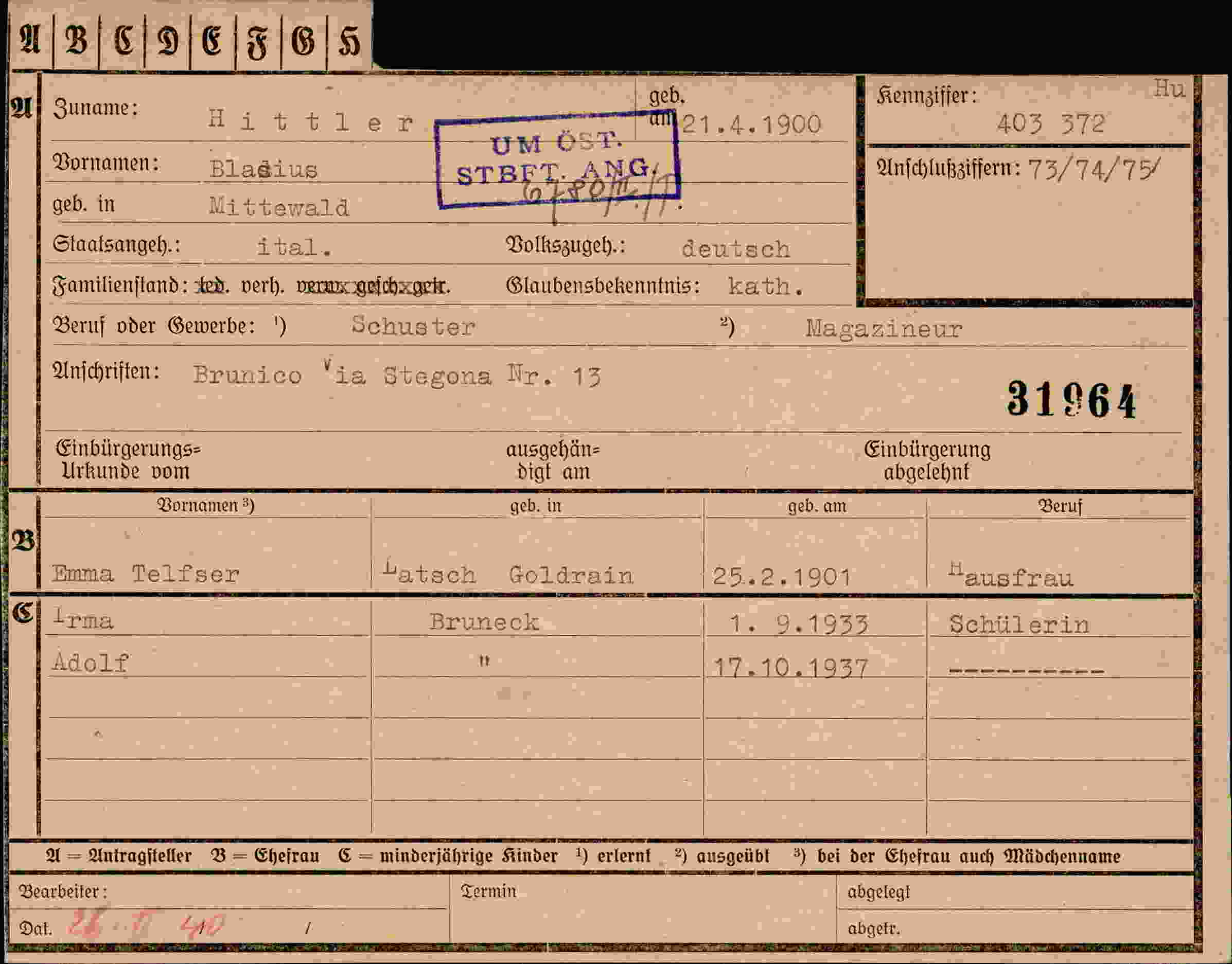 Dokument für Blasius Hittler