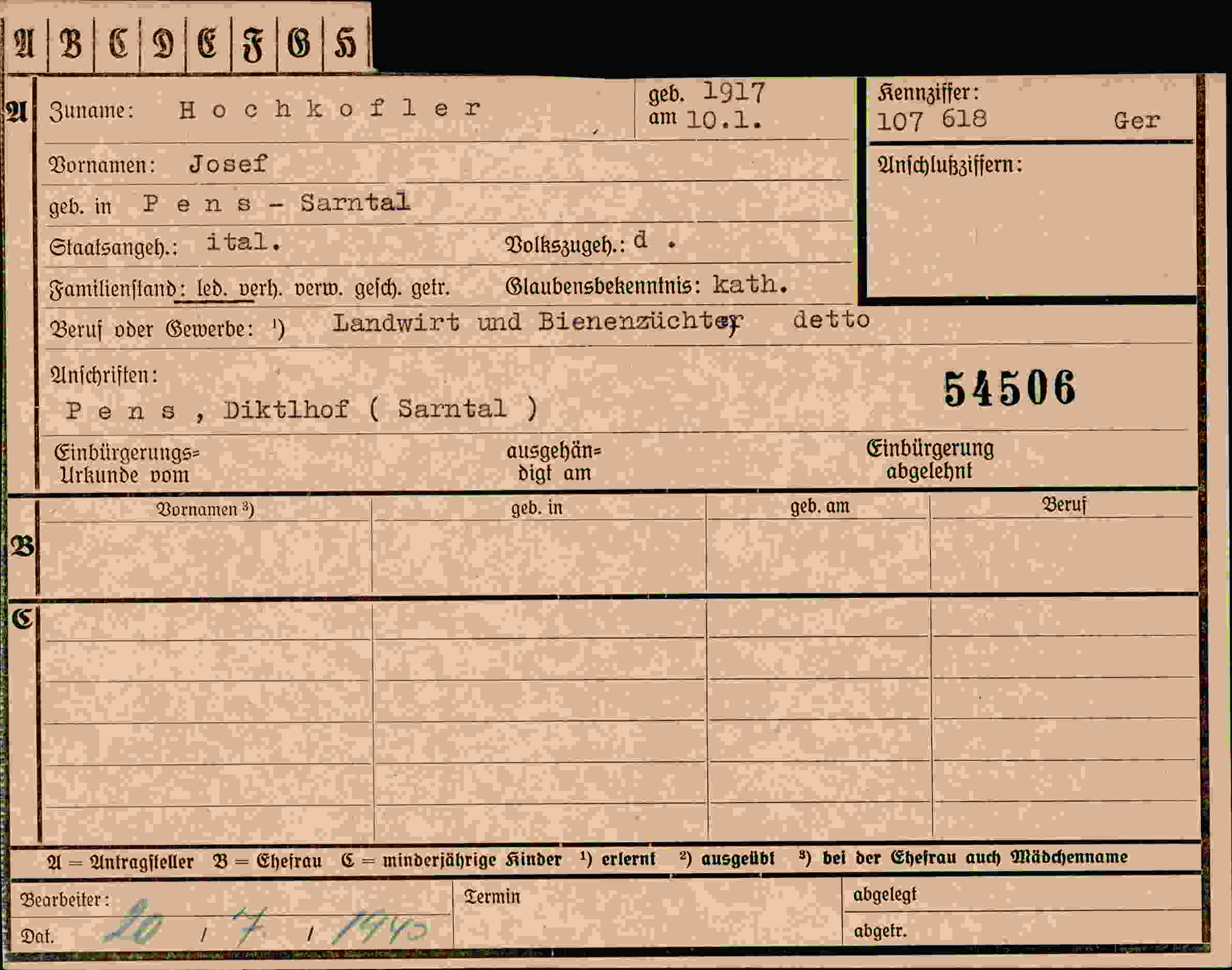 Dokument für Josef Hochkofler
