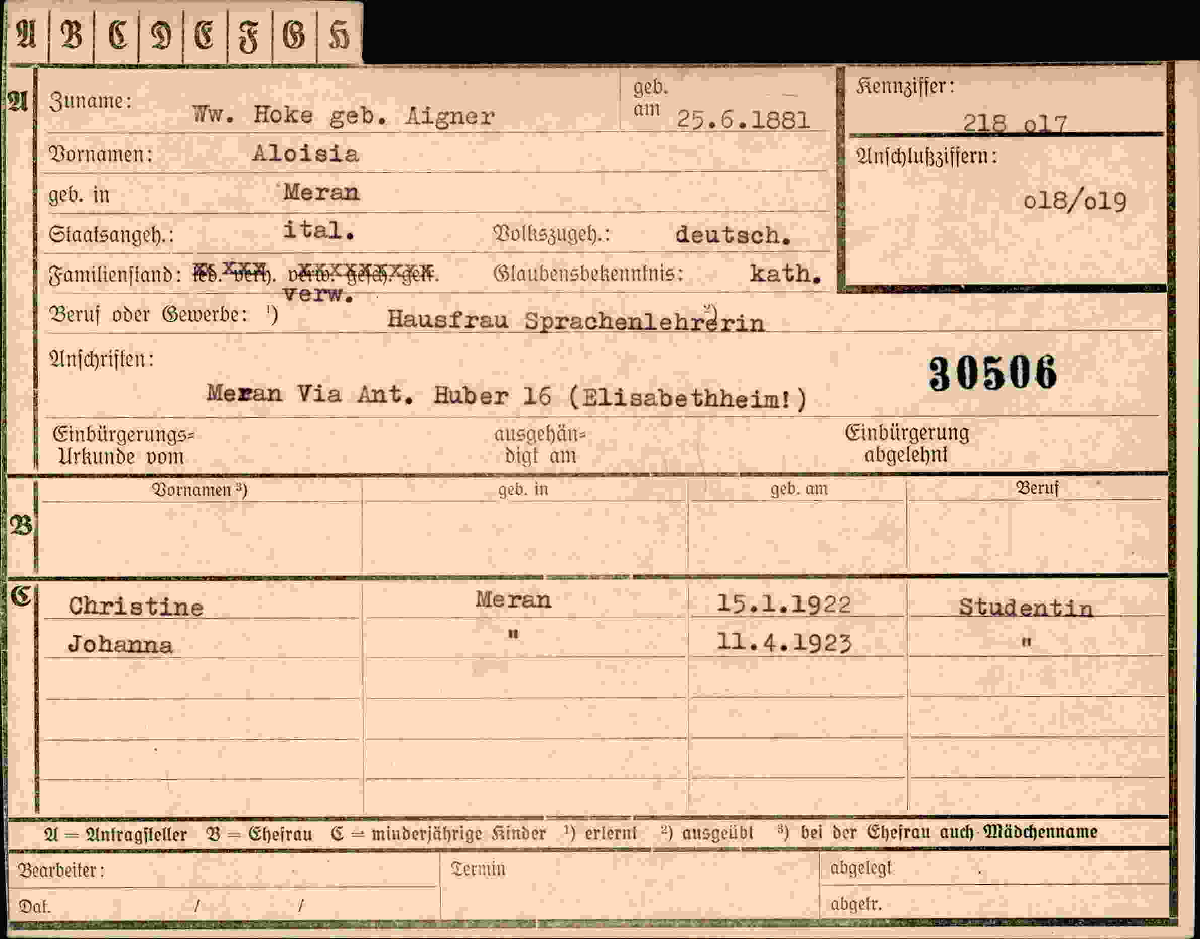 Dokument für Aloisia Aigner