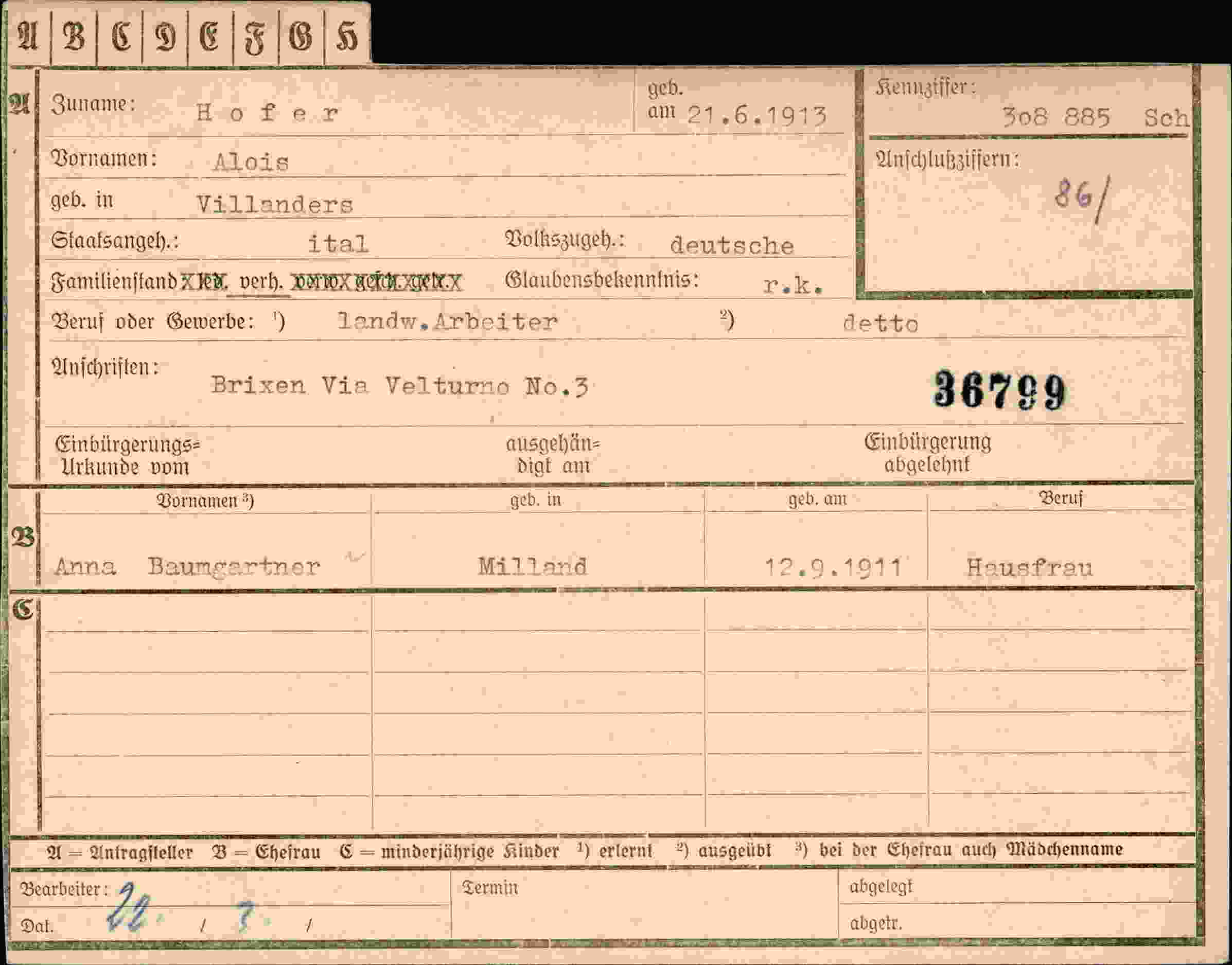Dokument für Alois Hofer