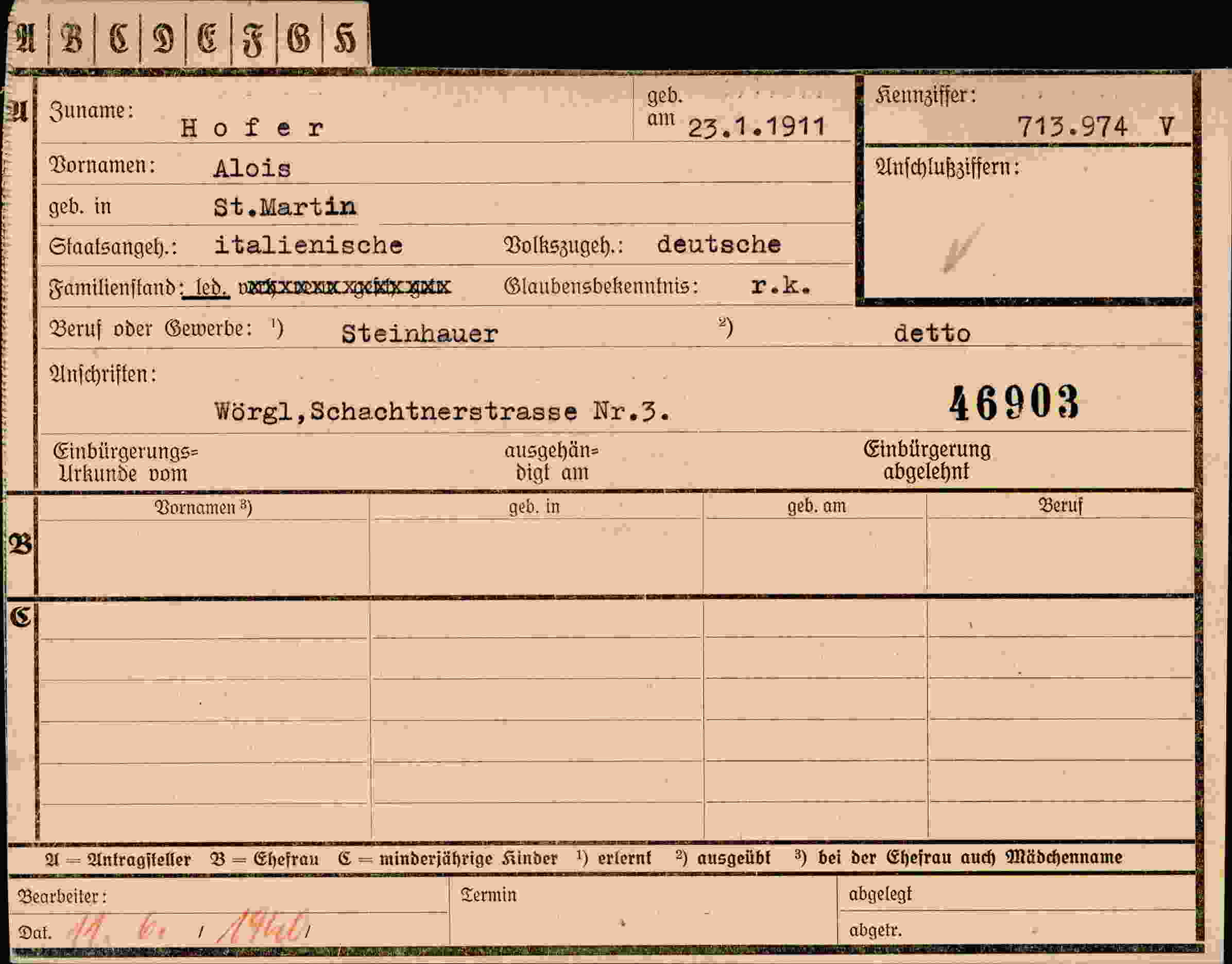 Dokument für Alois Hof
