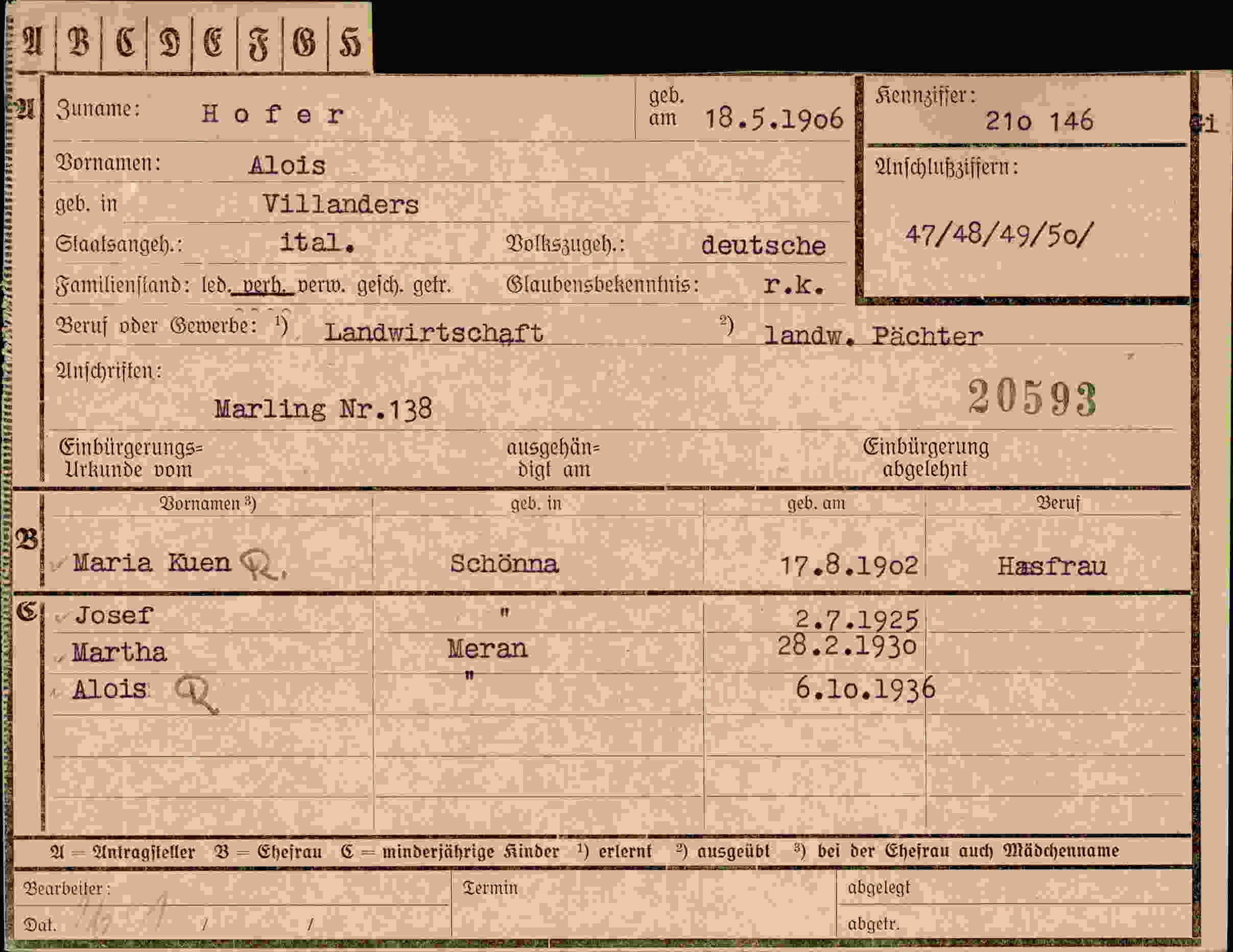 Dokument für Alois Hofer