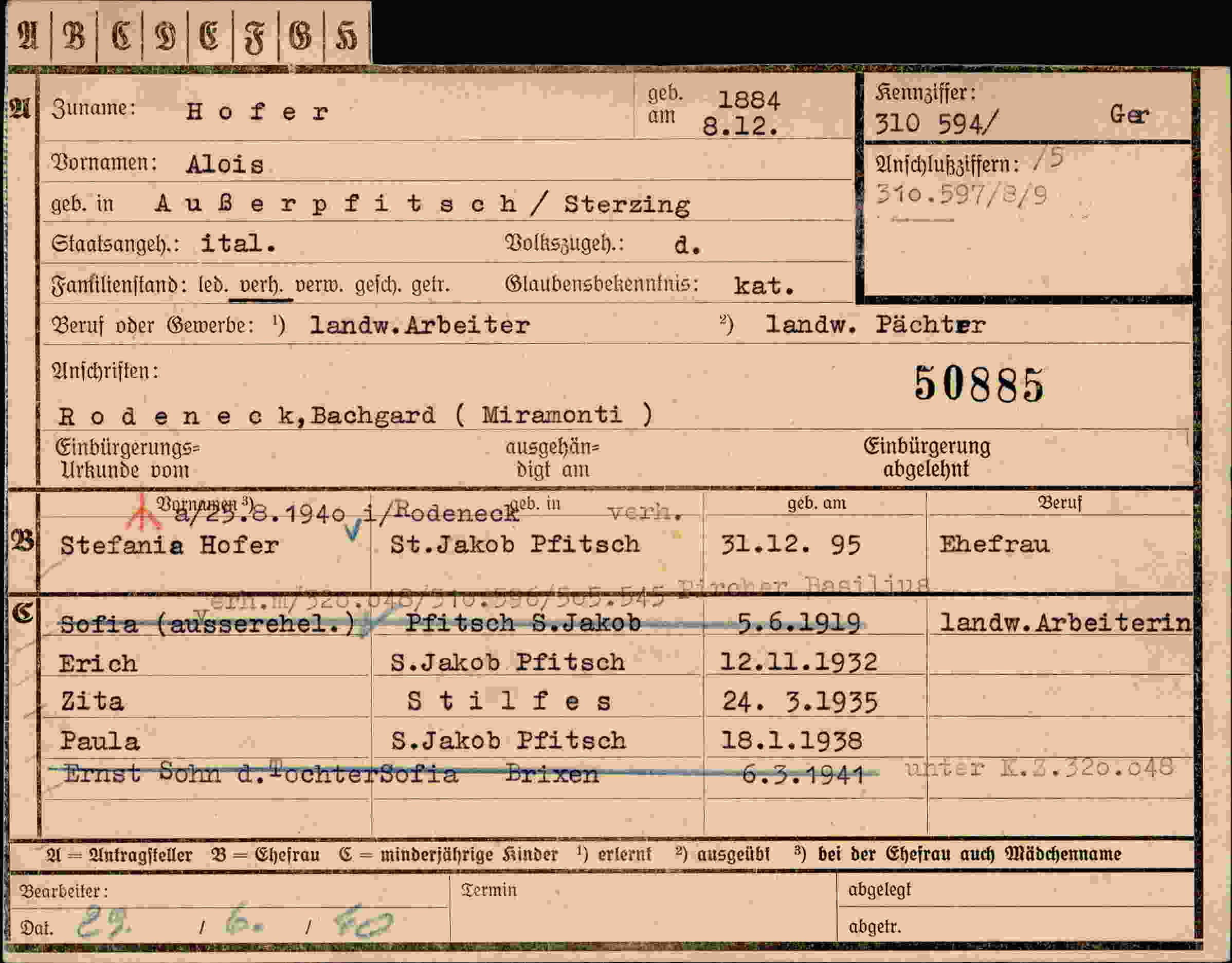 Dokument für Alois Hofer
