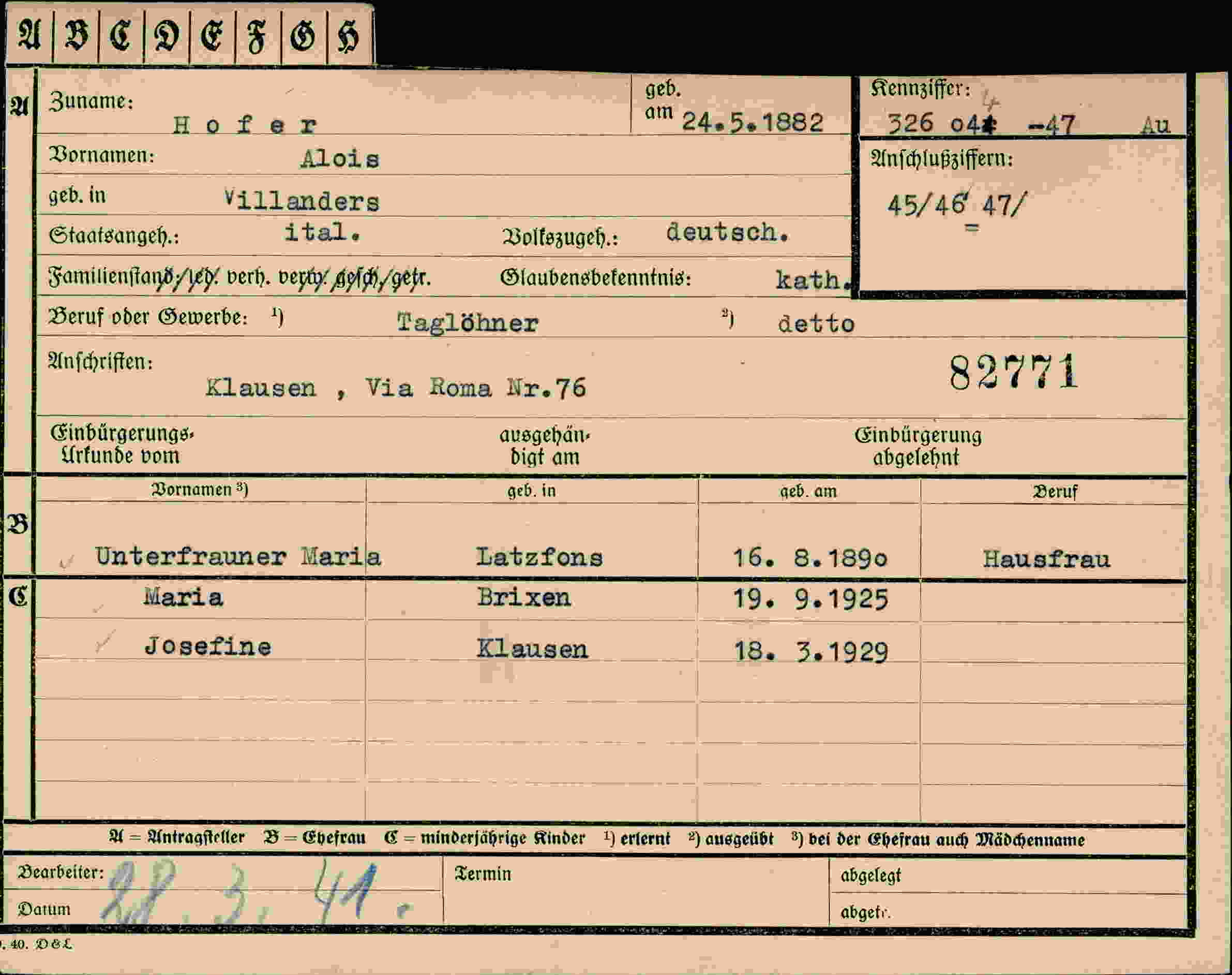 Dokument für Alois Hofer