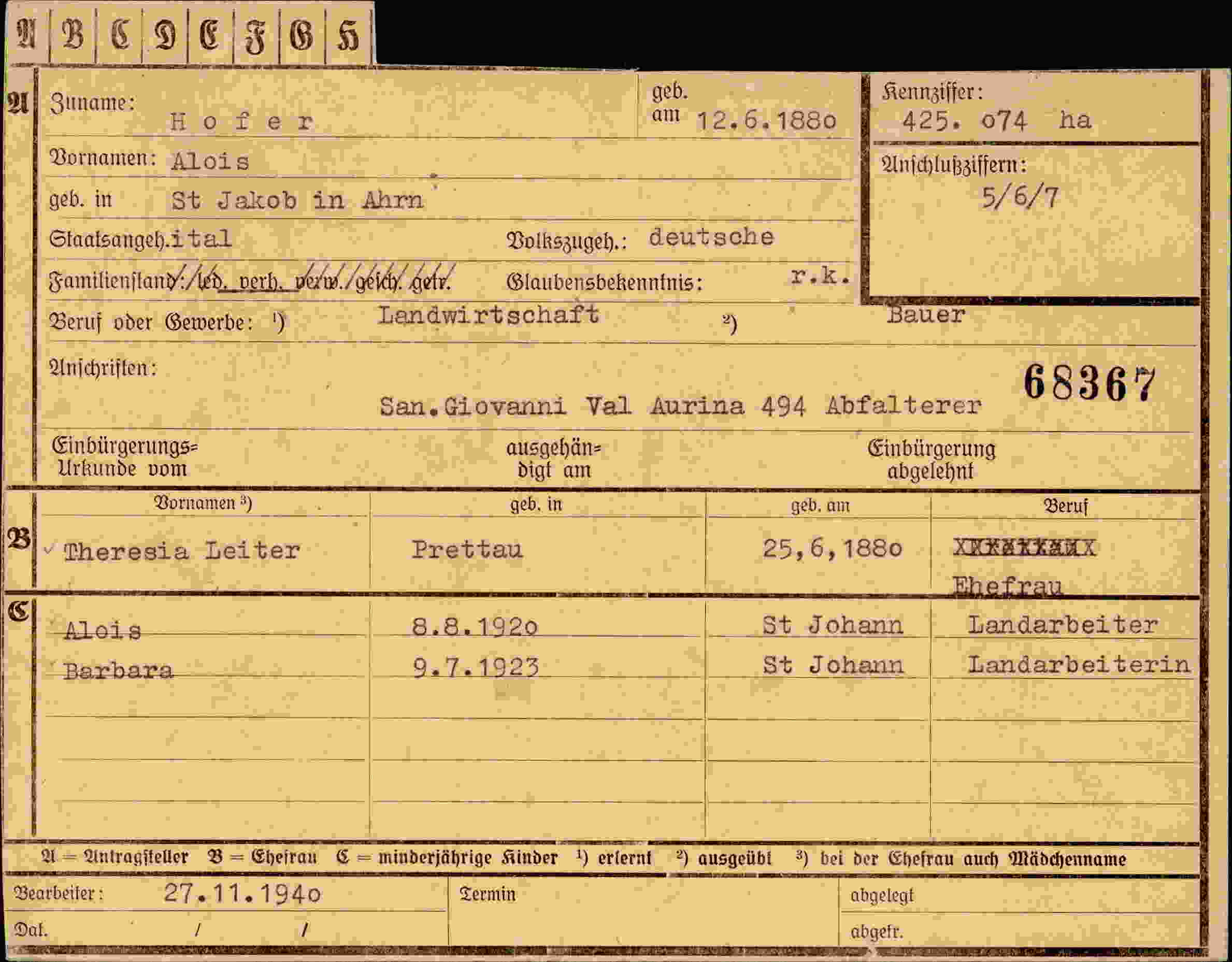 Dokument für Alois Hofer