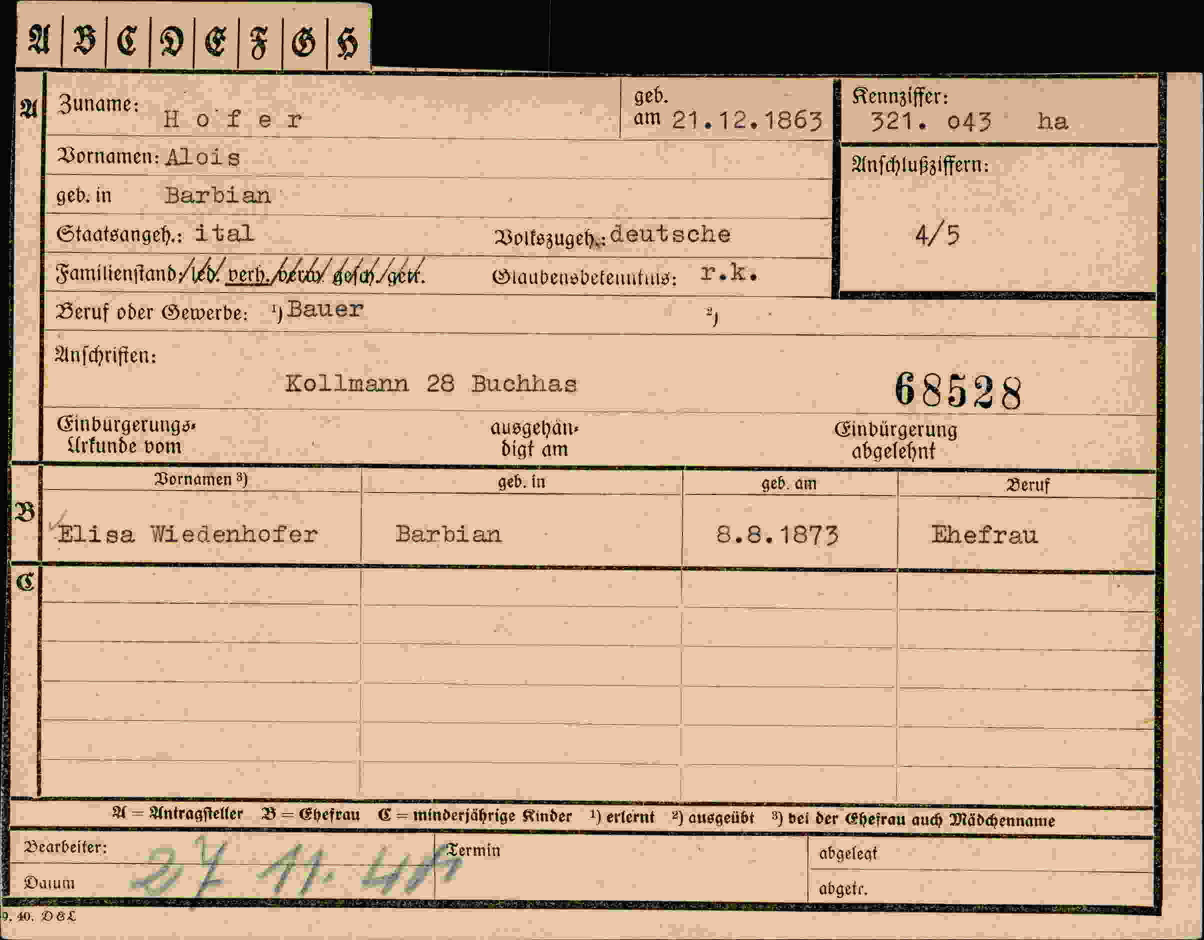 Dokument für Alois Hof