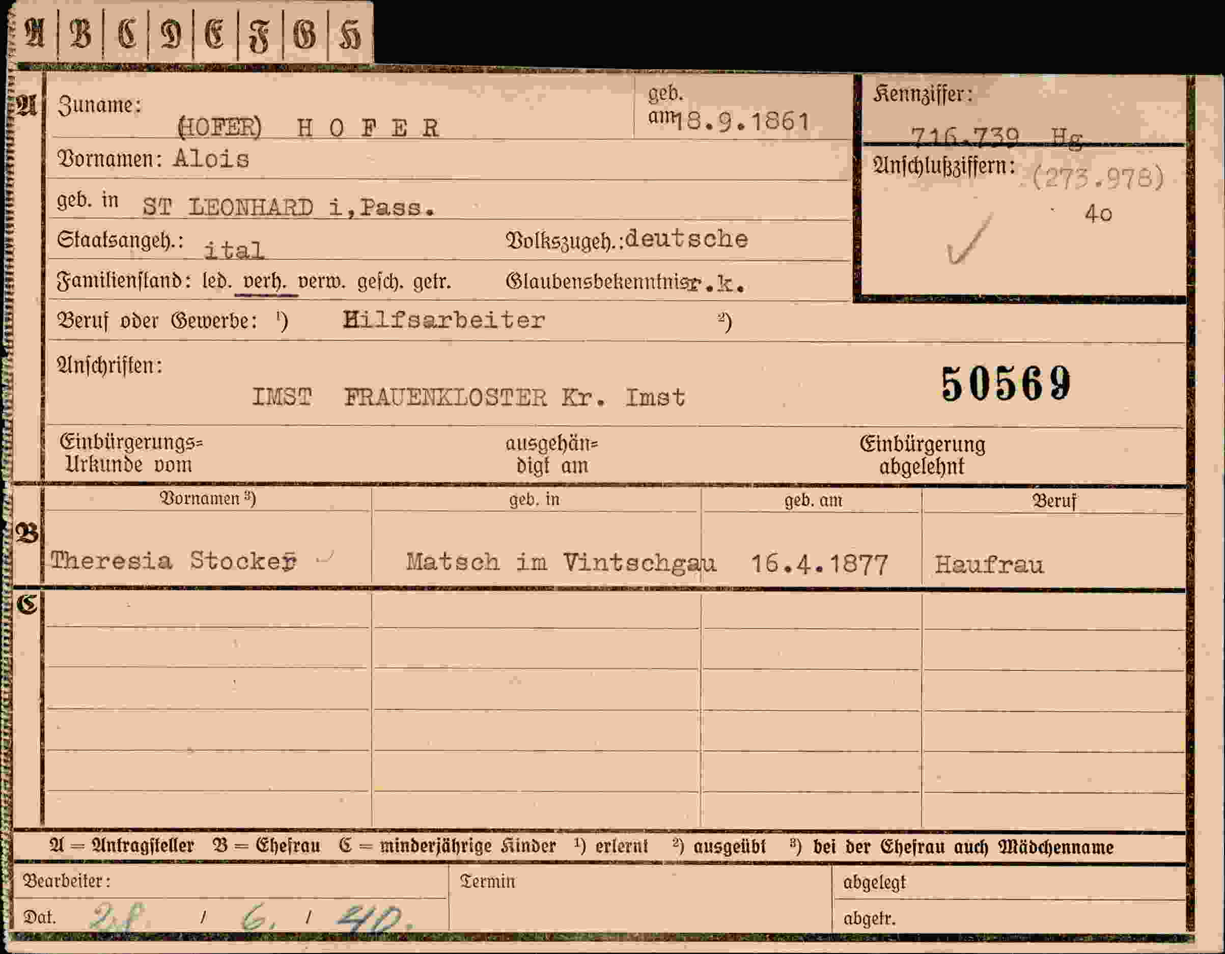Dokument für Alois Hofer Hofer
