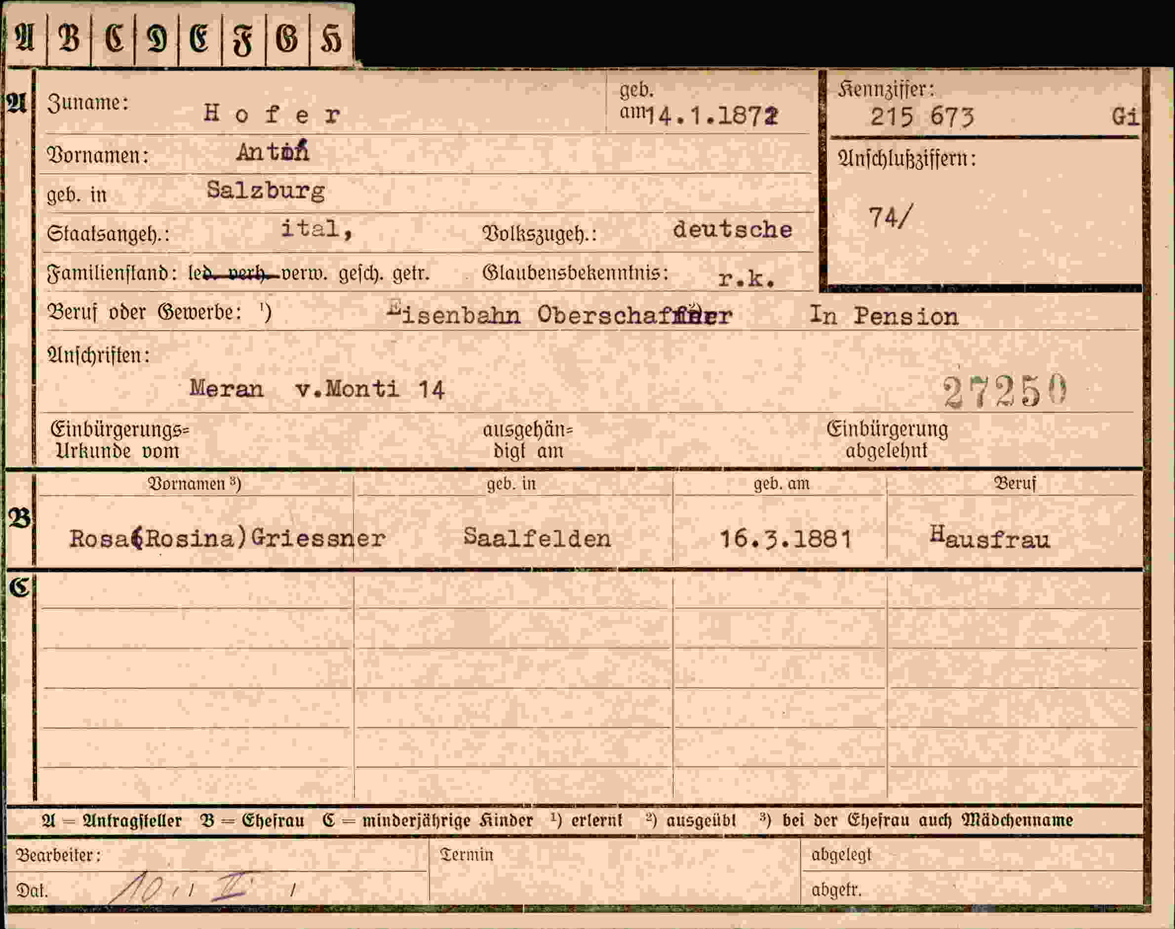 Dokument für Anton Hofer