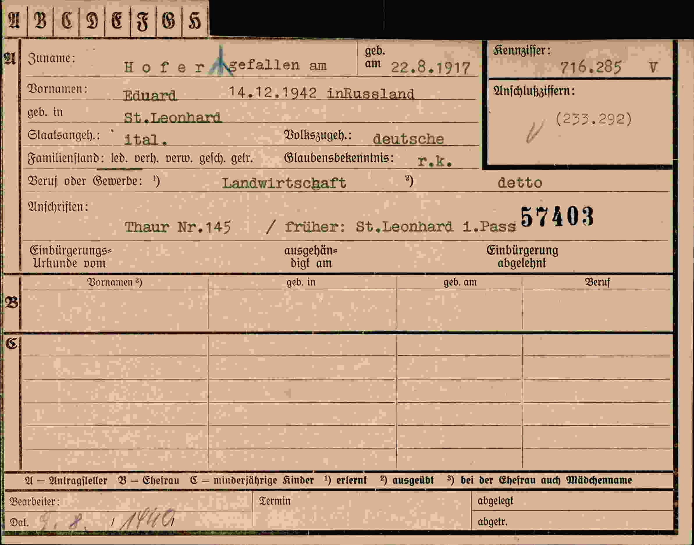 Dokument für Eduard Hofer