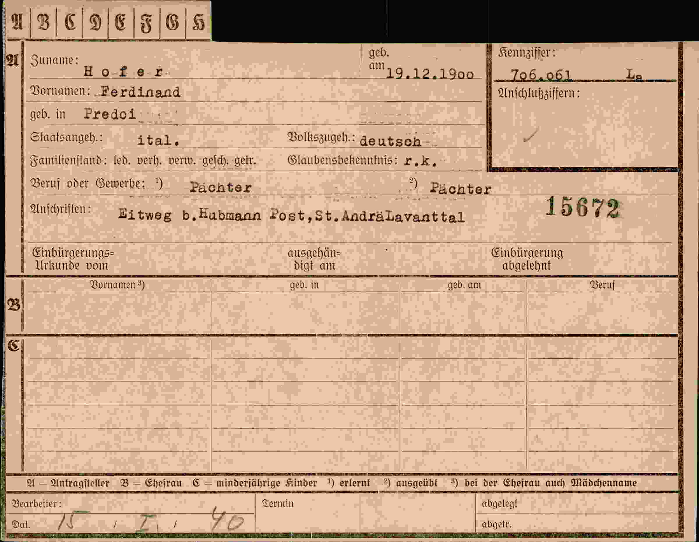 Dokument für Ferdinand Hofer