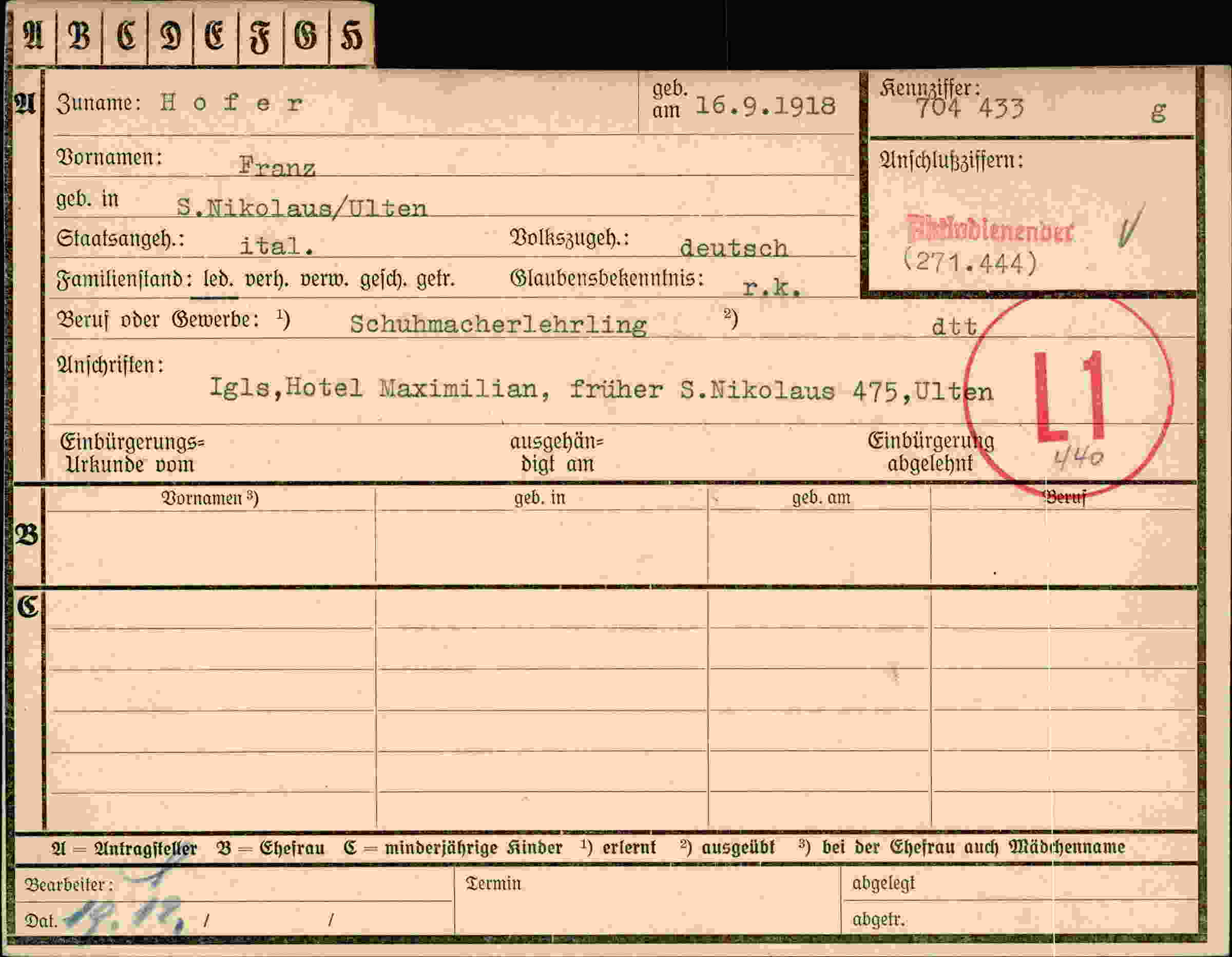 Dokument für Franz Hofer