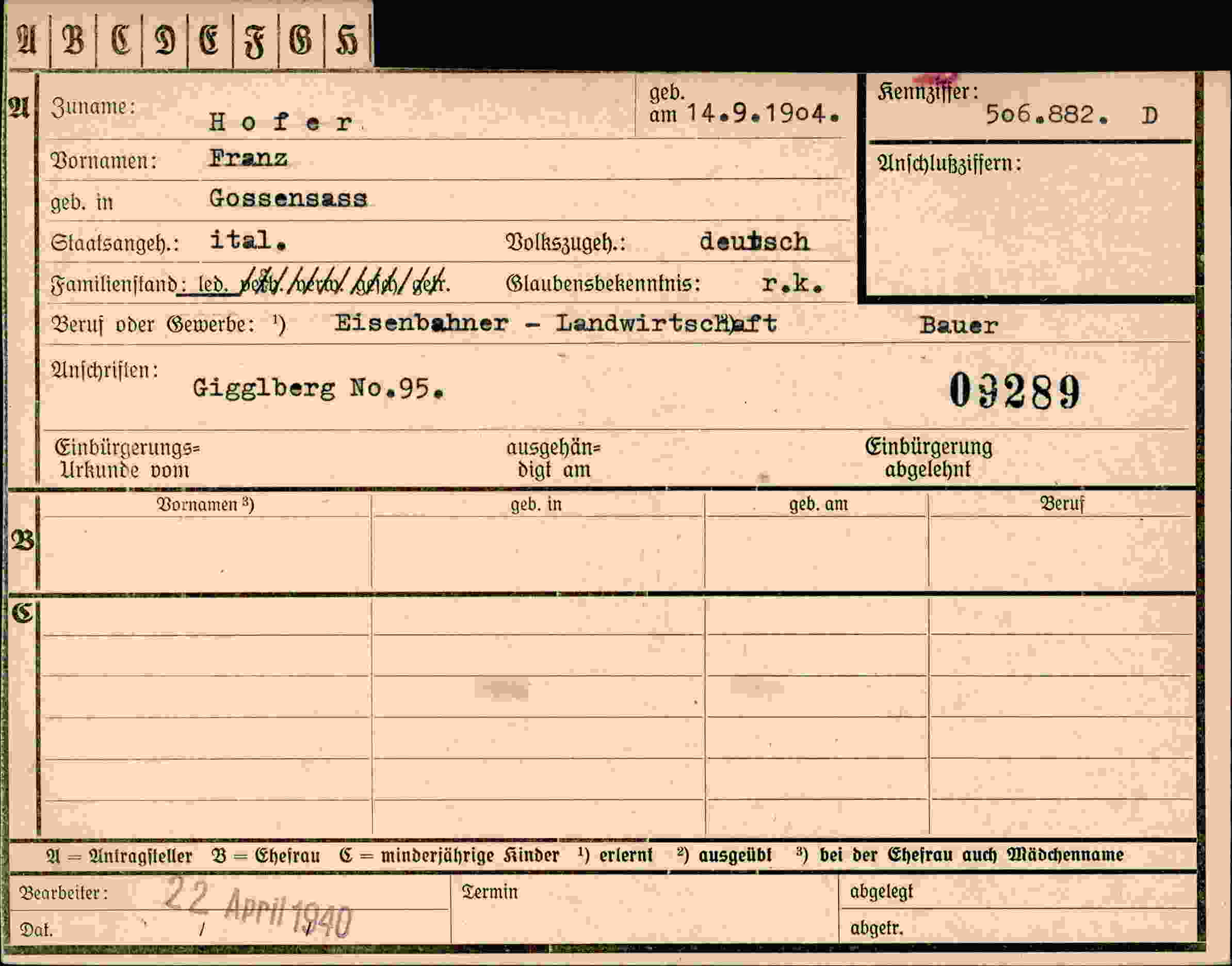 Dokument für Franz Hofer
