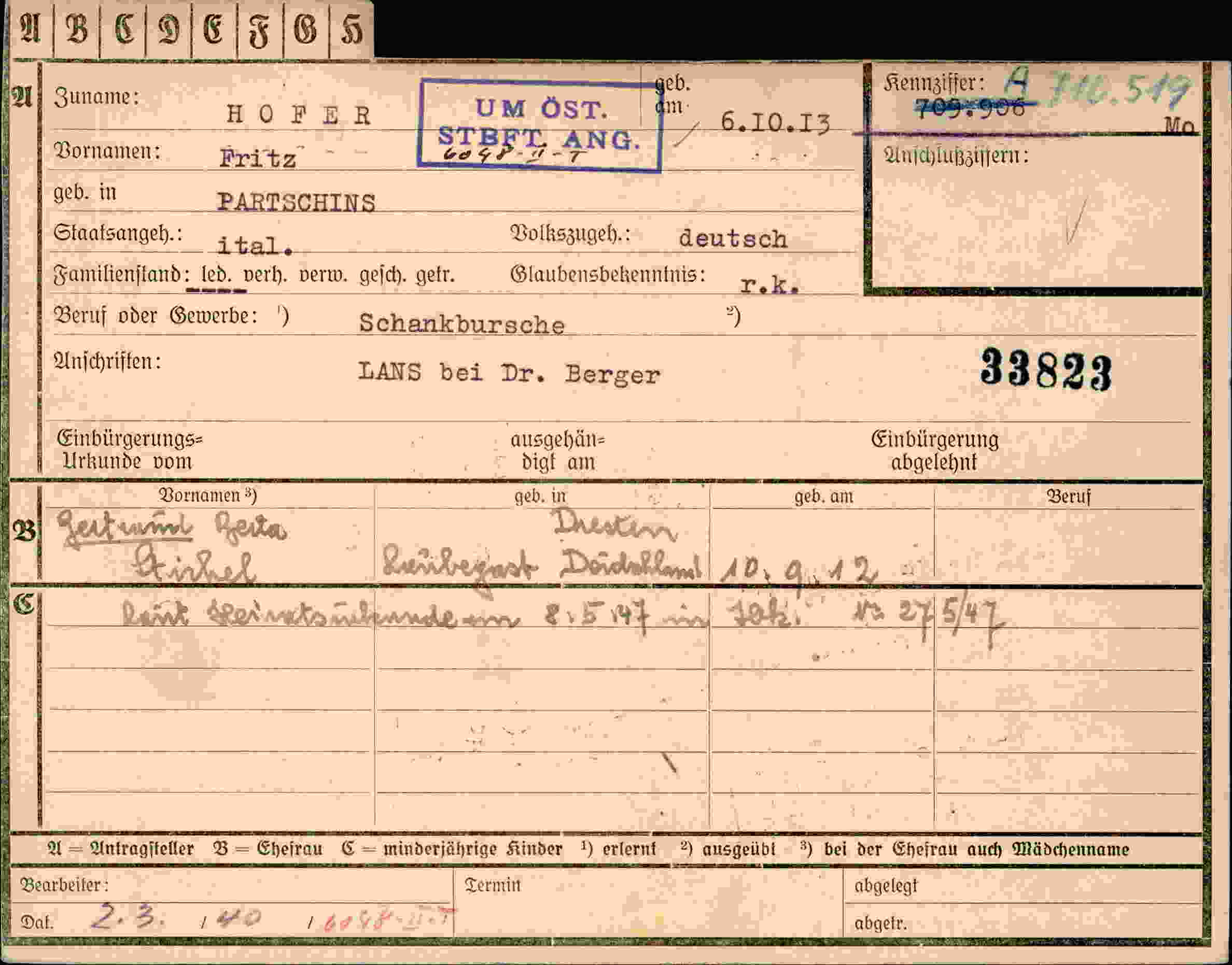 Dokument für Fritz Hofer