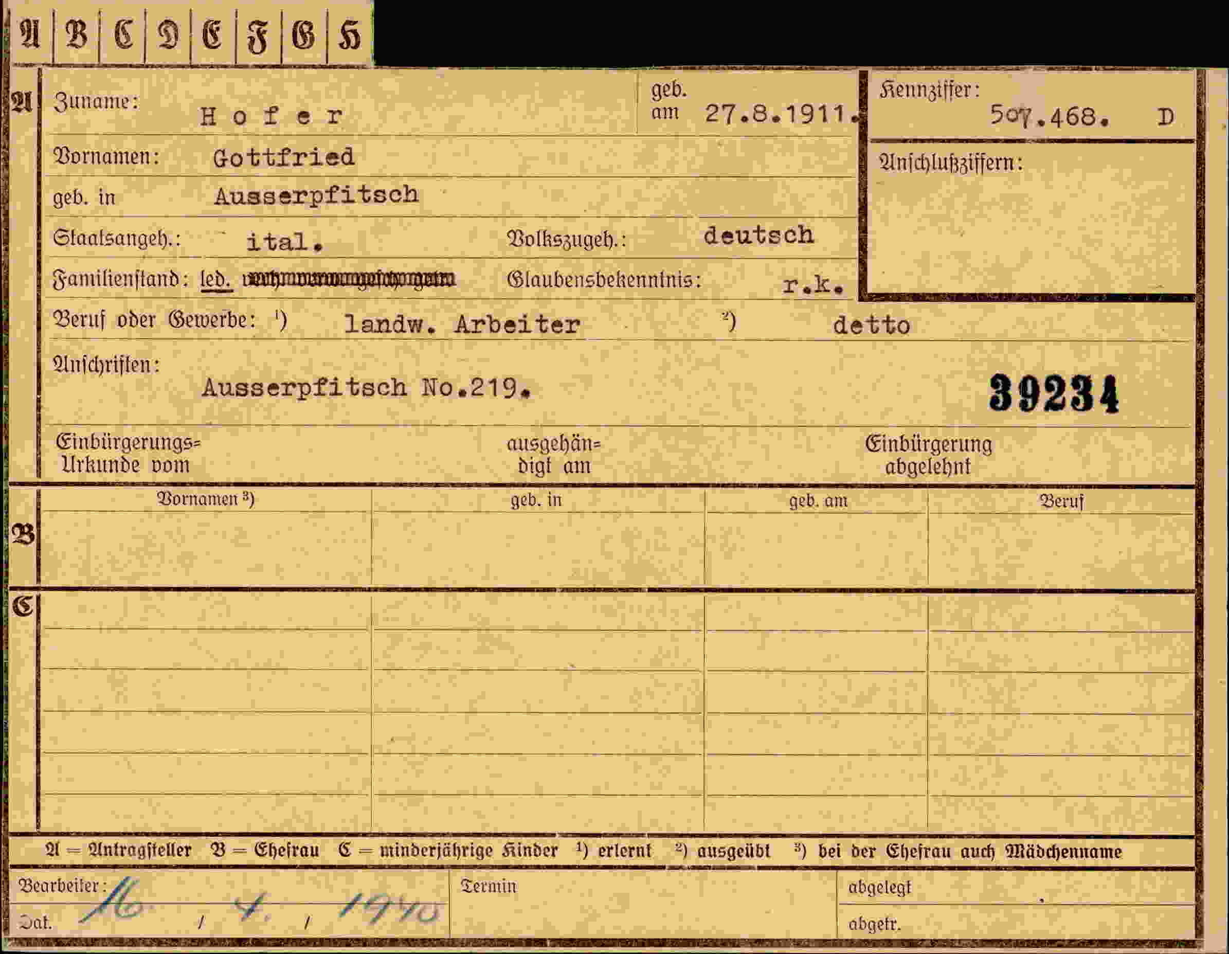 Dokument für Gottfried Hofer