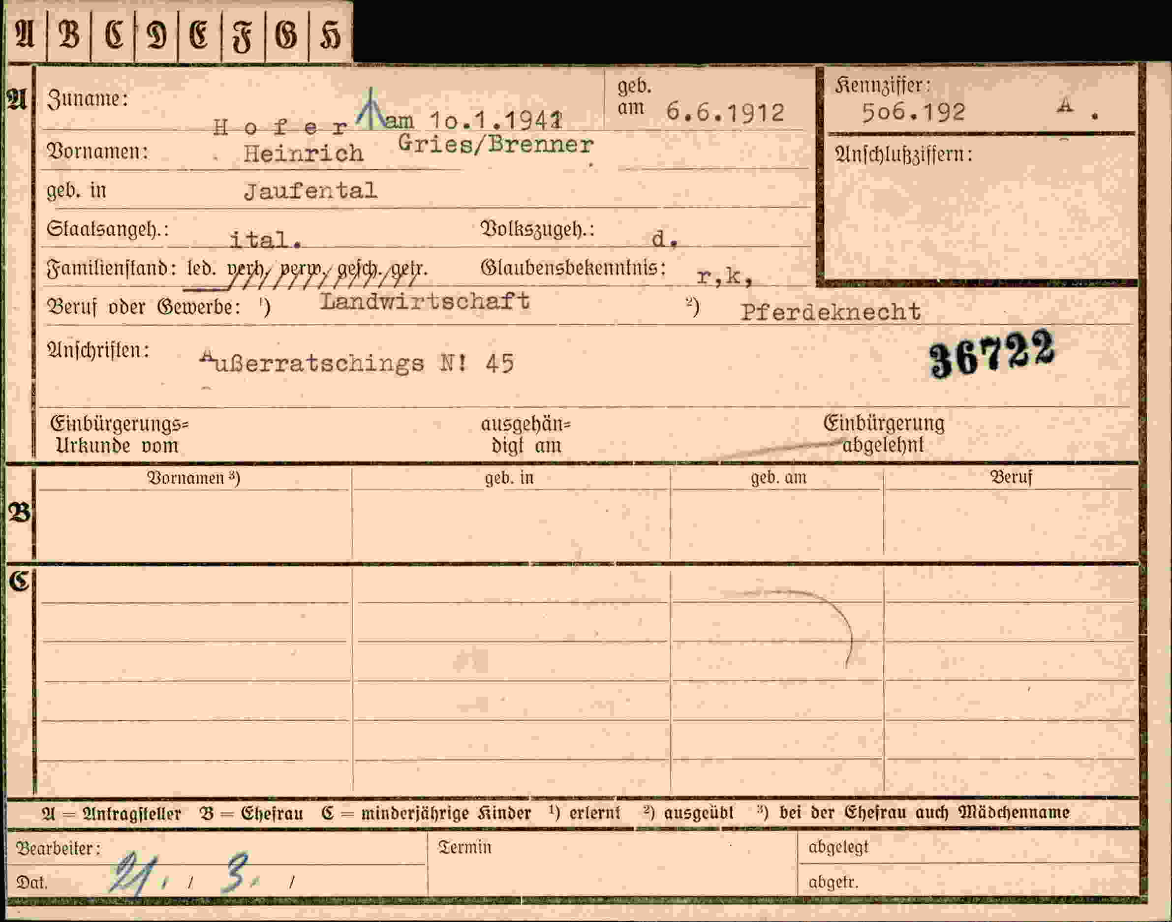 Dokument für Heinrich Hofer