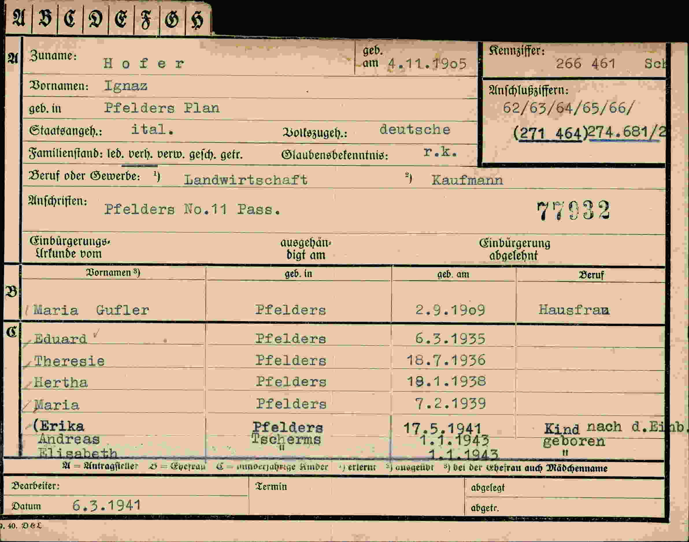 Dokument für Ignaz Hofer