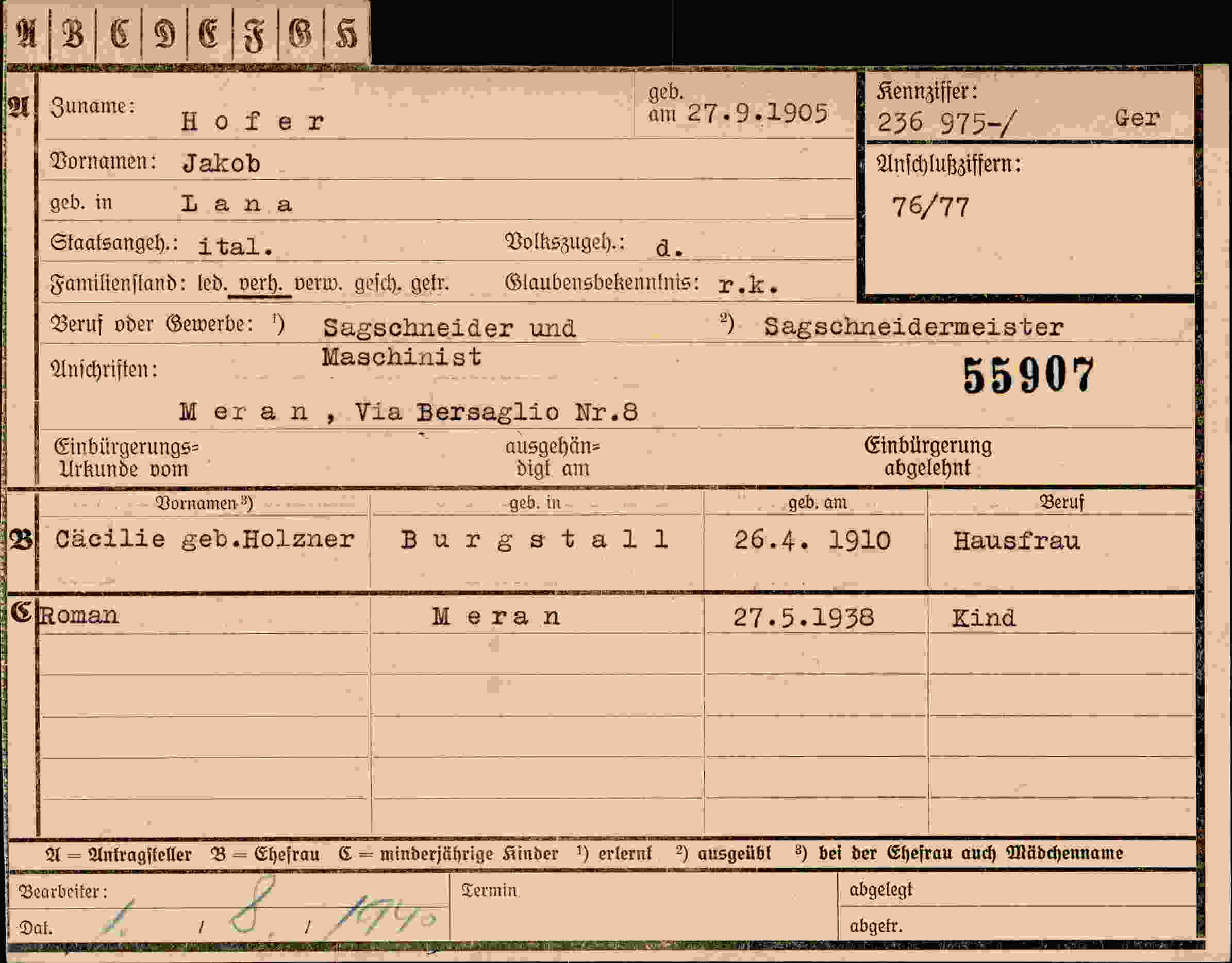 Dokument für Jakob Hofer