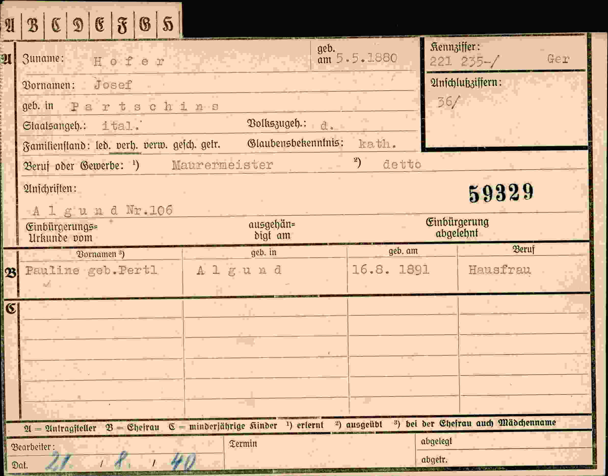Dokument für Josef Hof