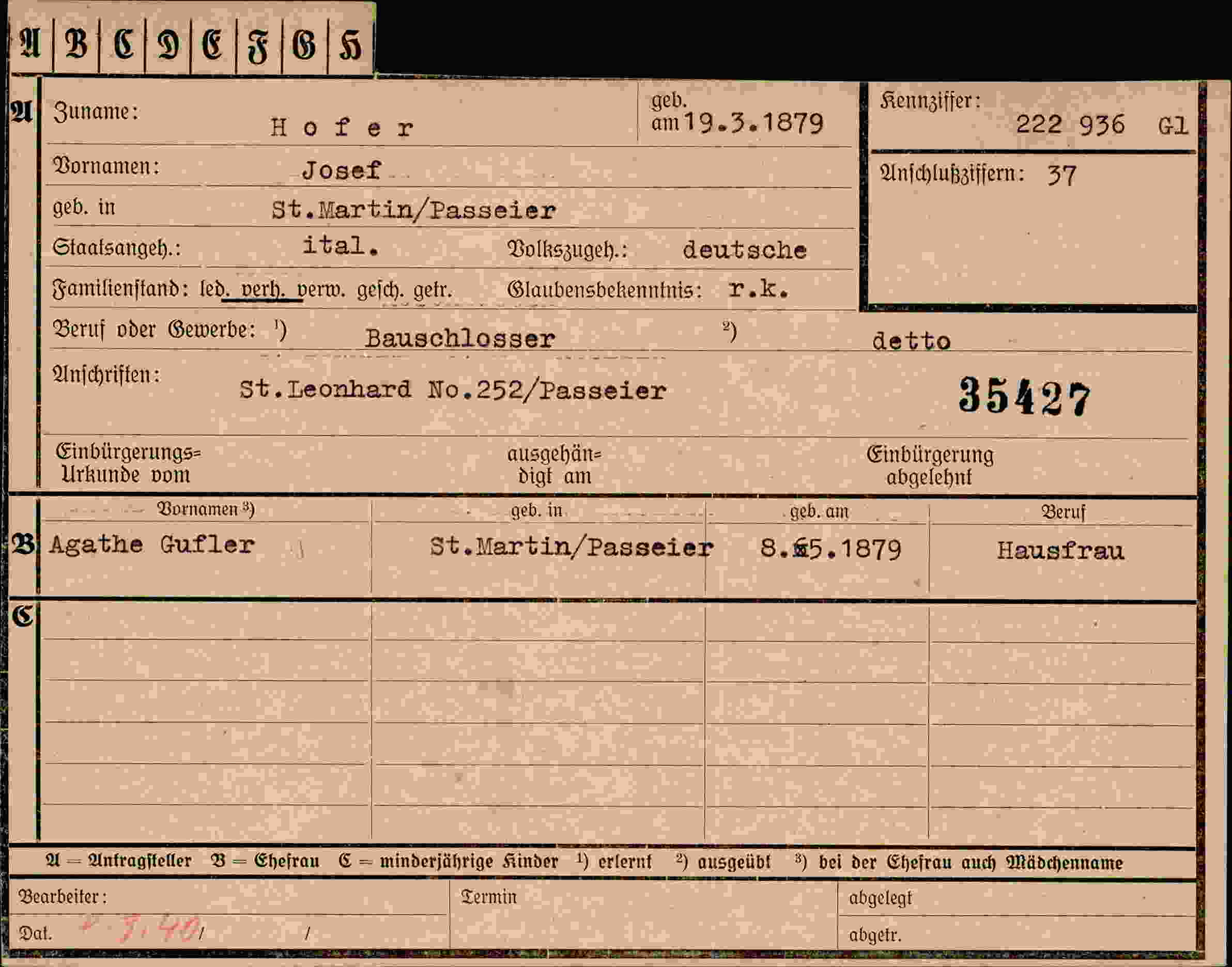 Dokument für Josef Hofer