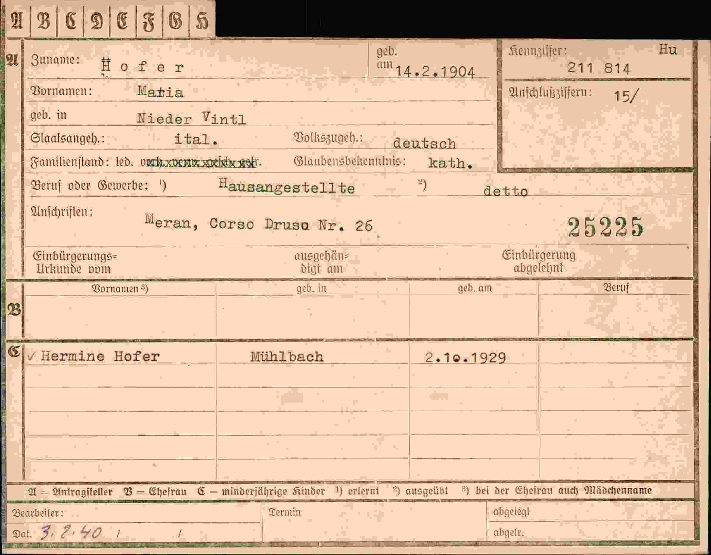 Dokument für Maria Hofer