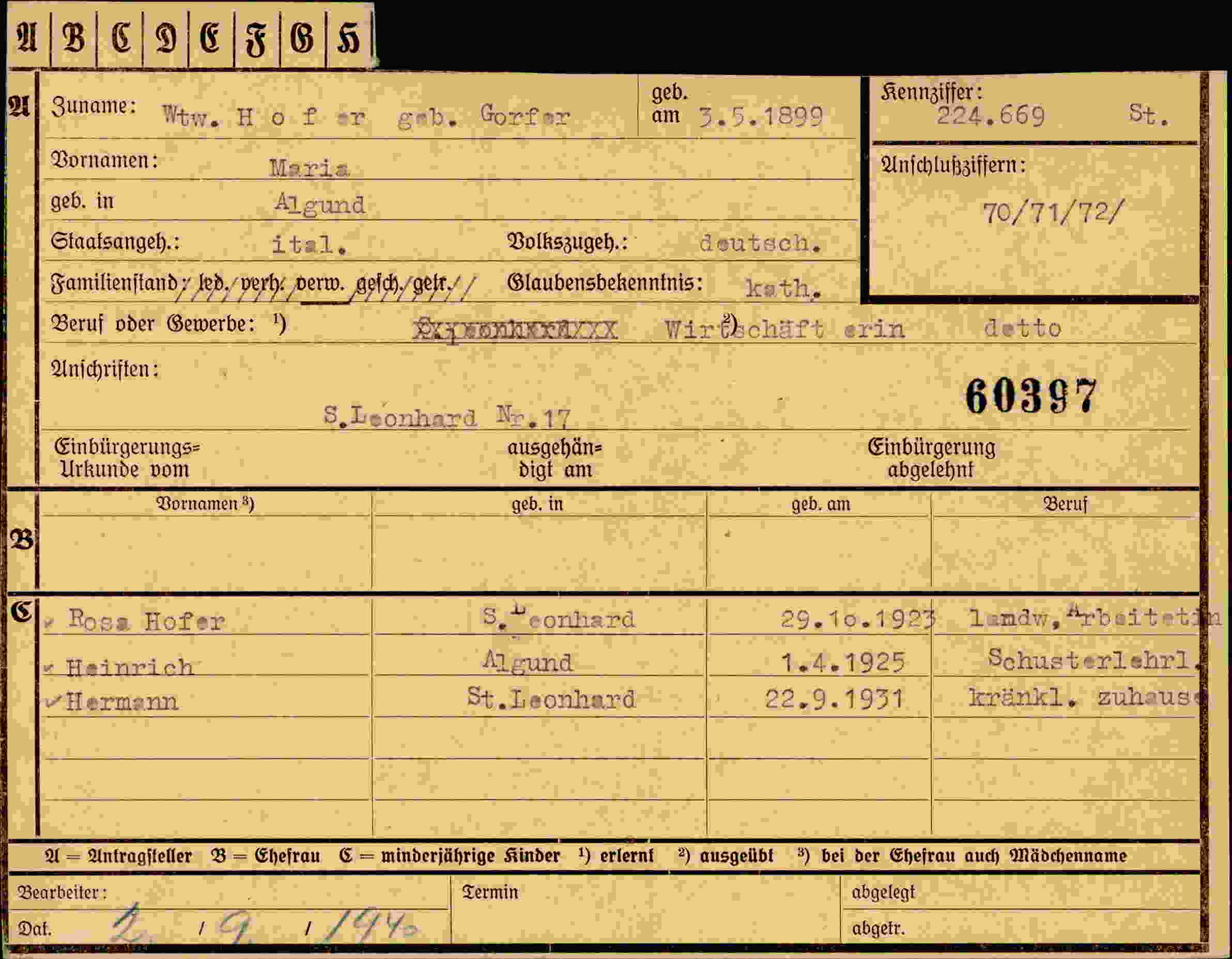 Dokument für Maria Hofer