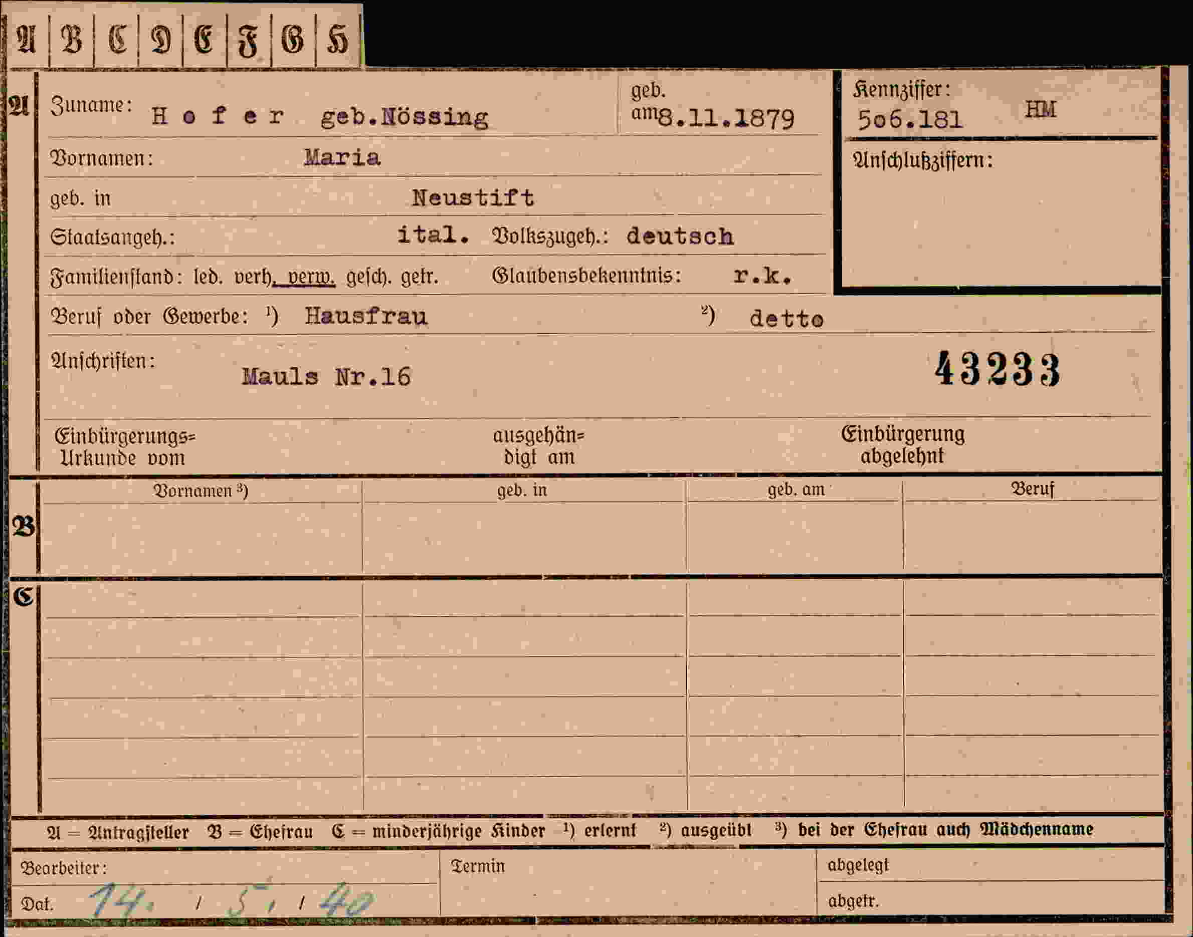 Dokument für Maria Hofer