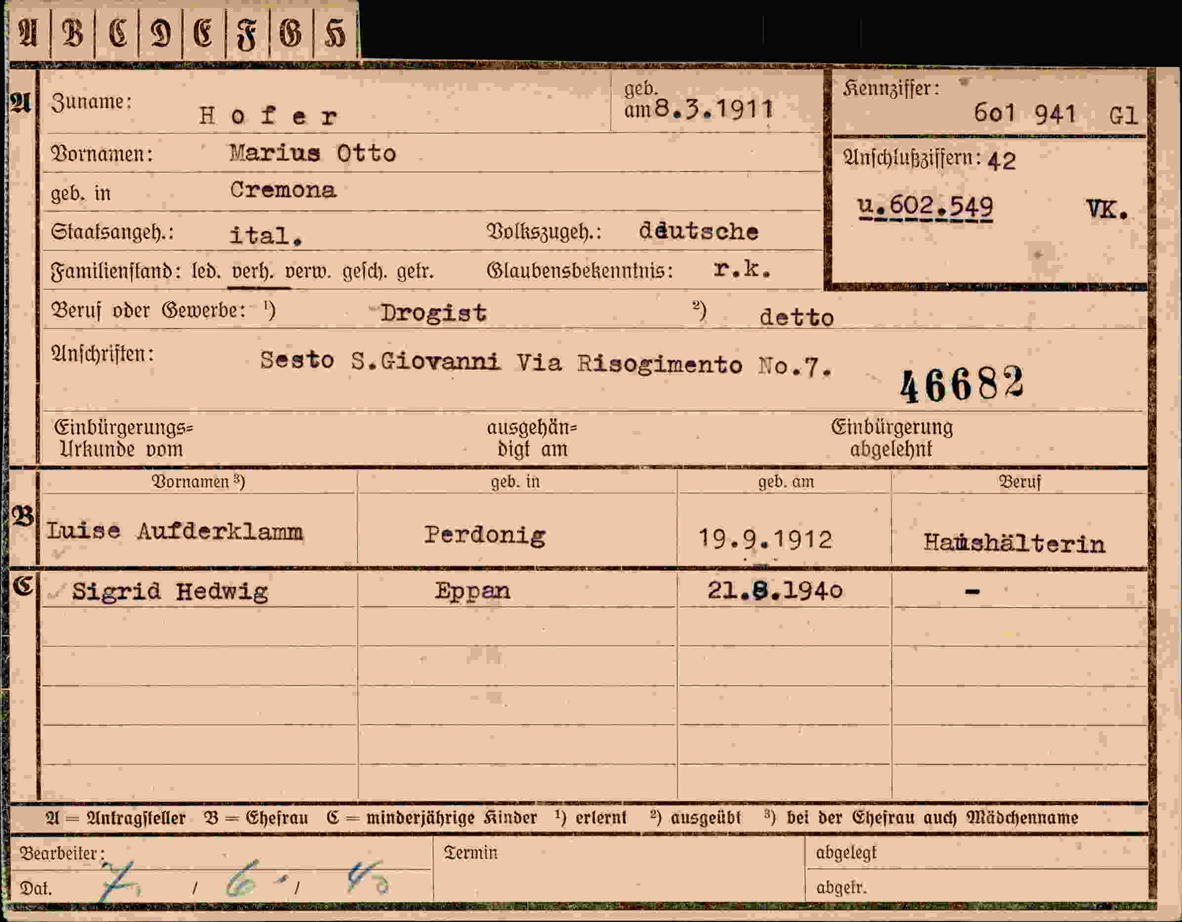 Dokument für Marius Otto Hofer