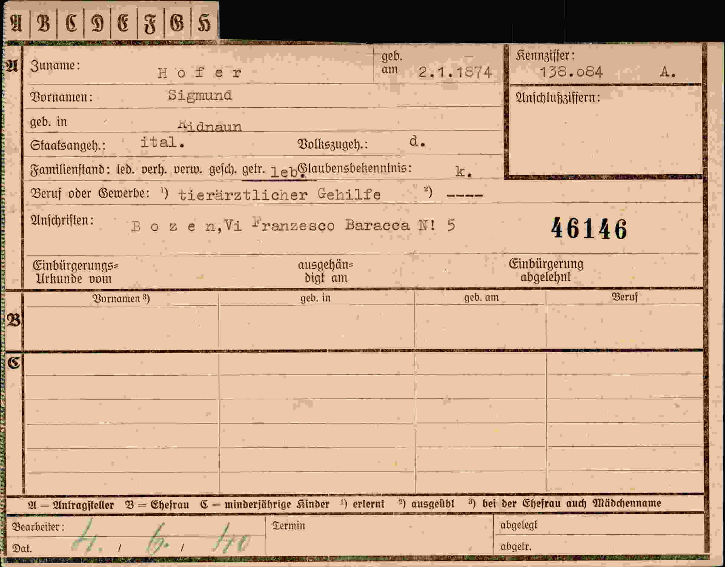 Dokument für Sigmund Hofer