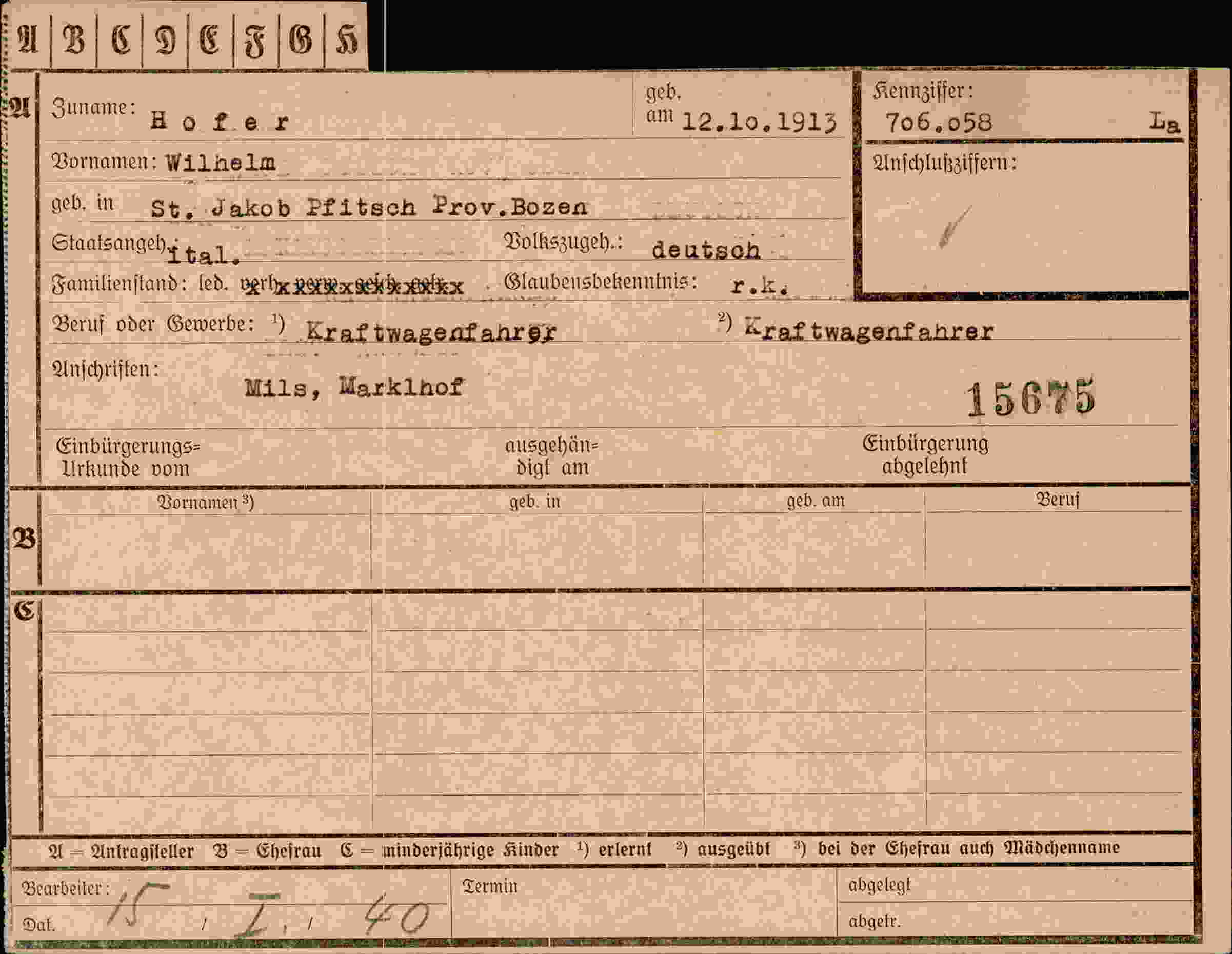 Dokument für Wilhelm Hofer