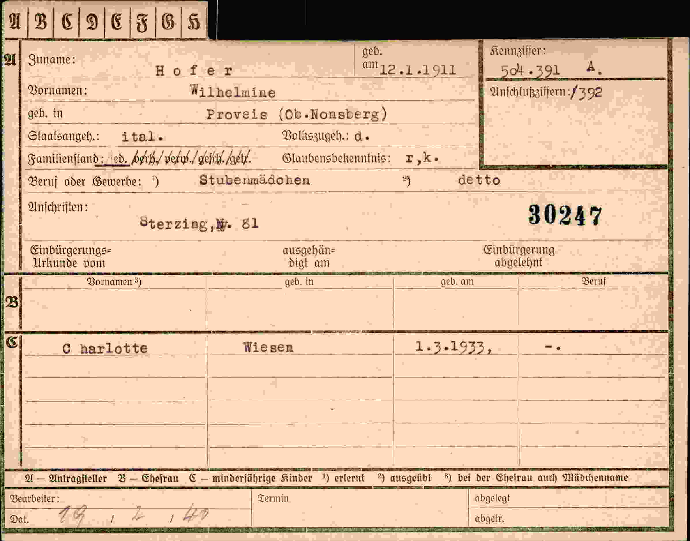 Dokument für Wilhelmine Hofer