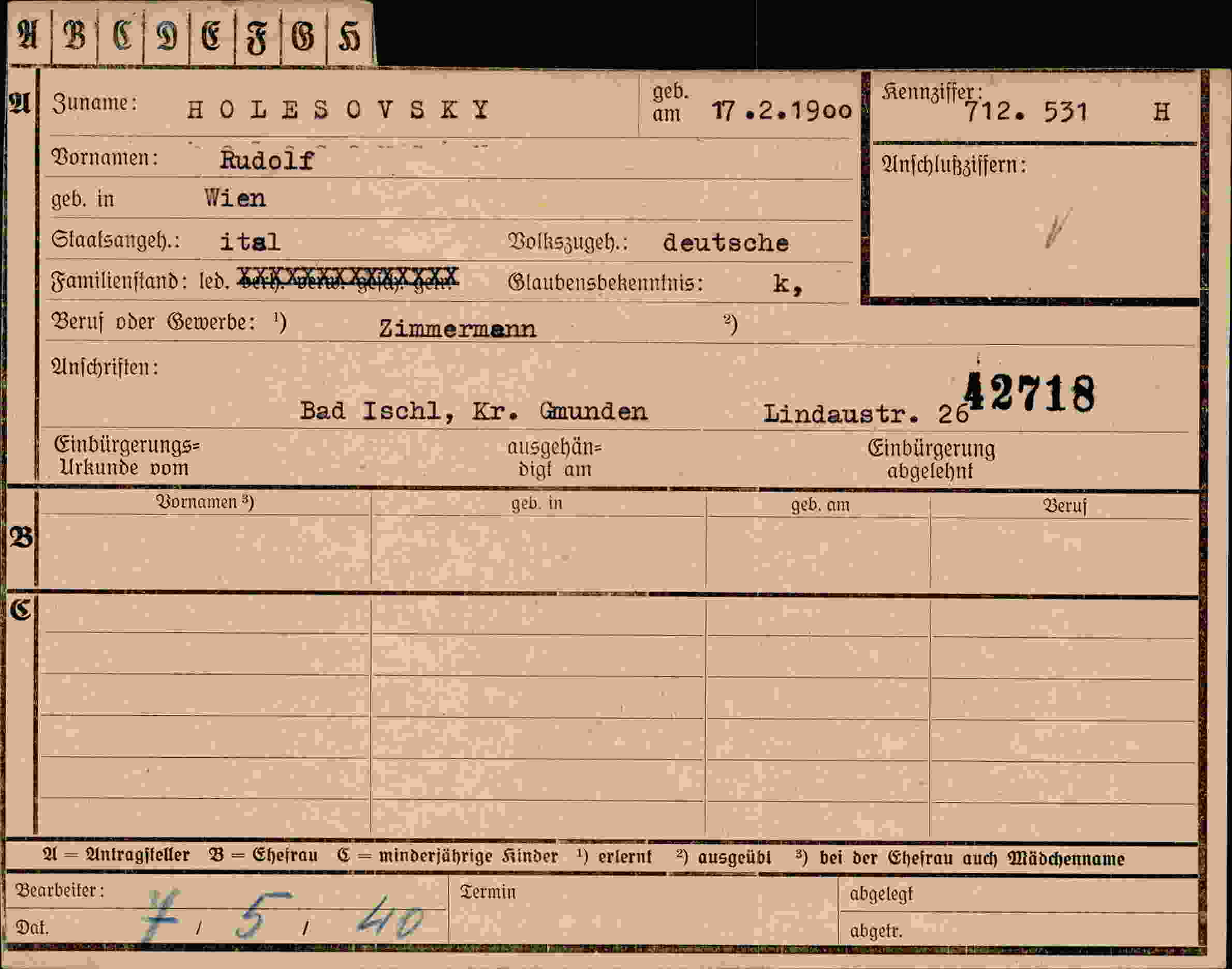 Dokument für Rudolf Holesovsky