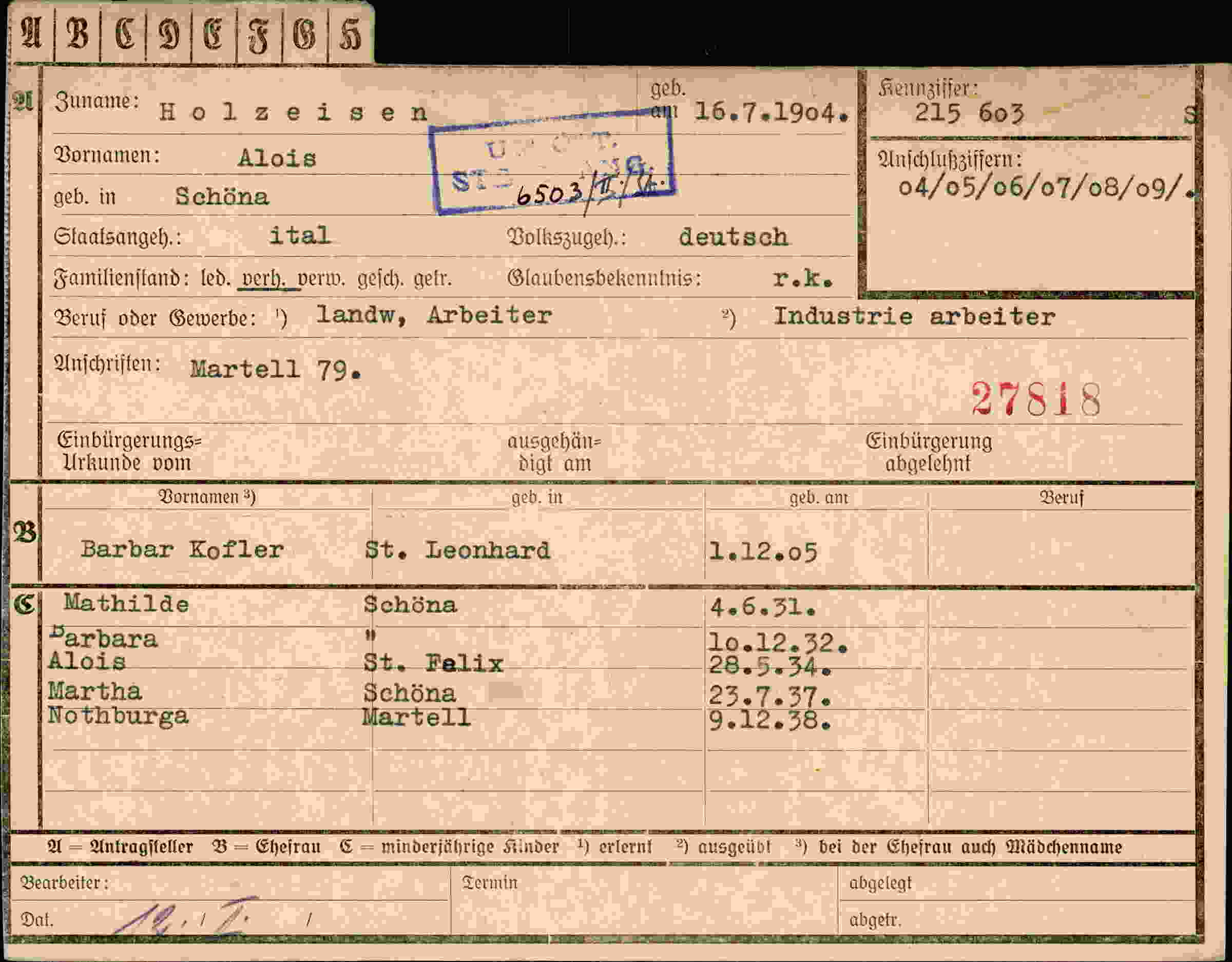 Dokument für Alois Holzeisen
