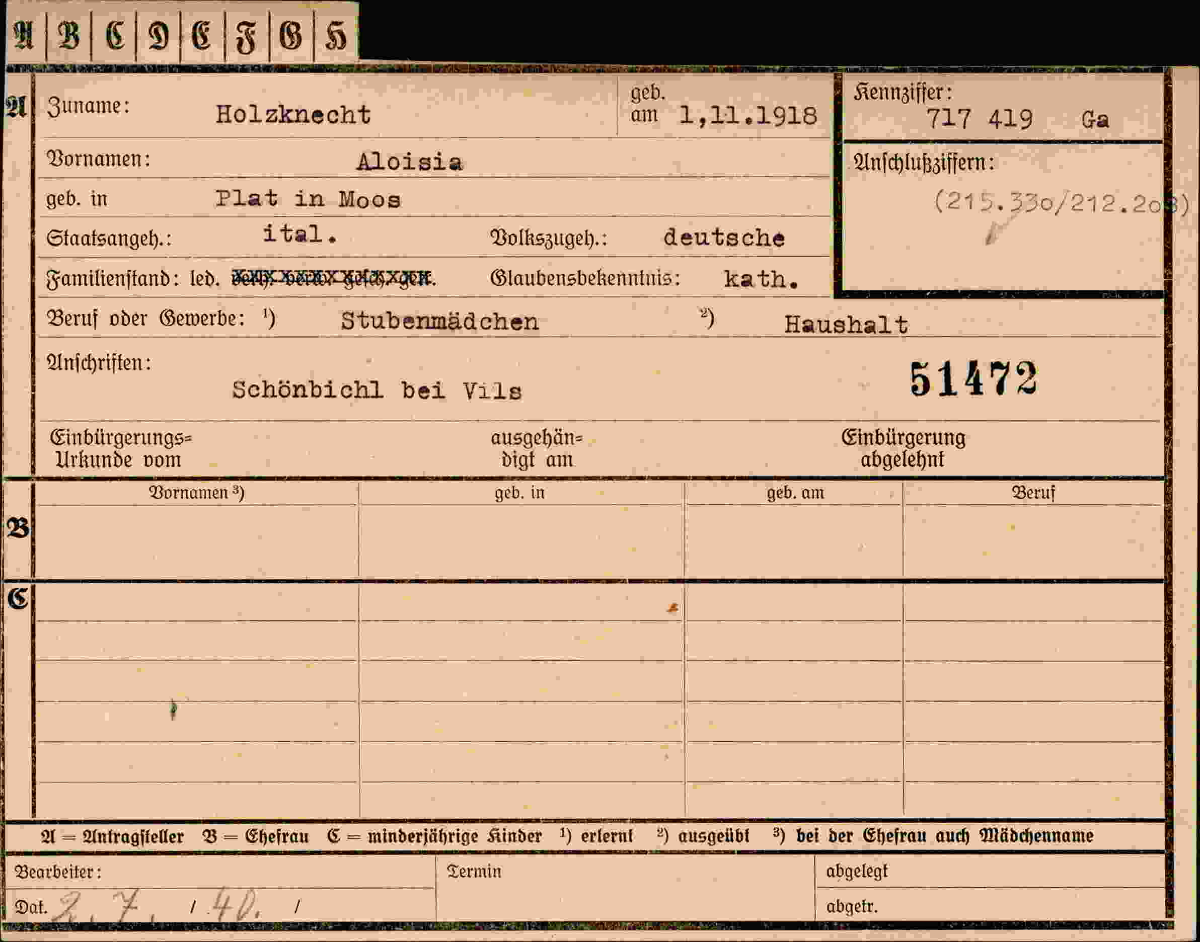 Dokument für Aloisia Holzknecht