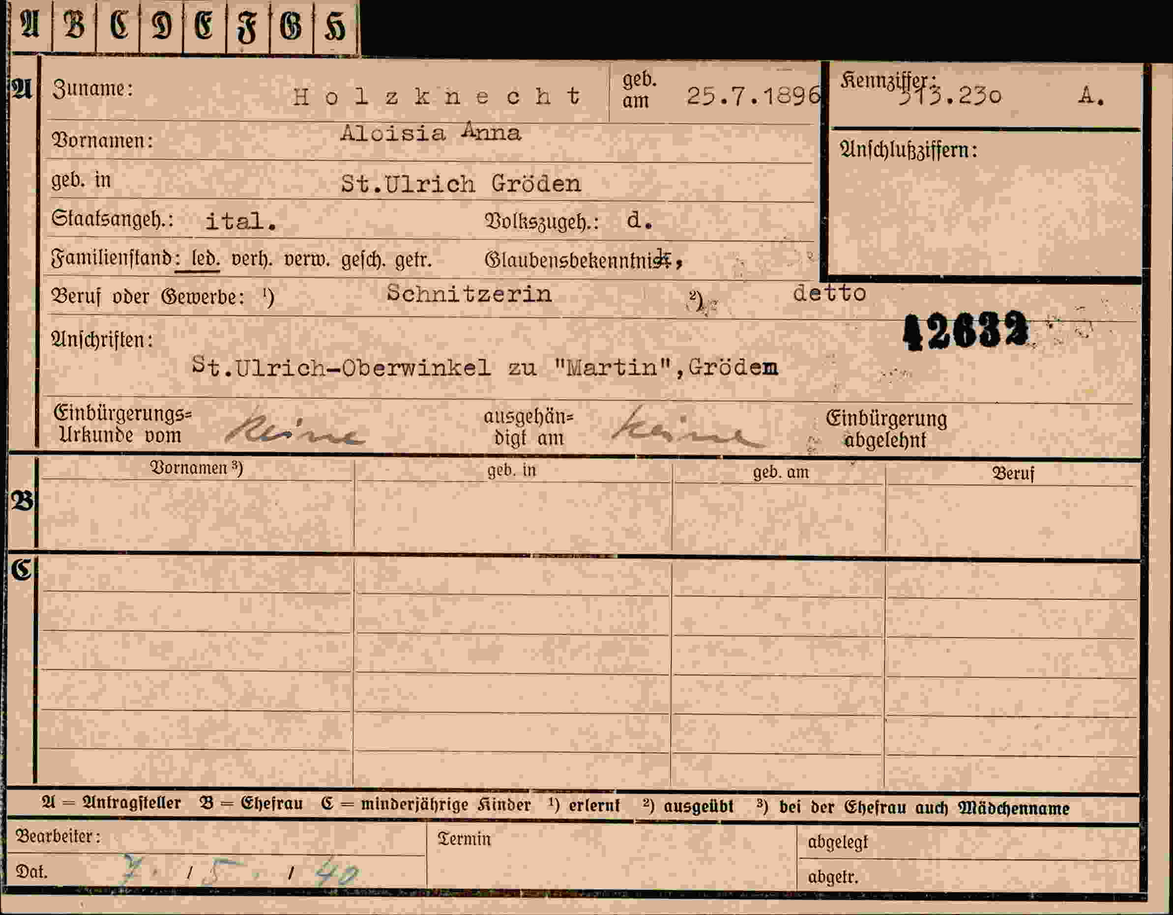 Dokument für Aloisia Anna Holzknecht