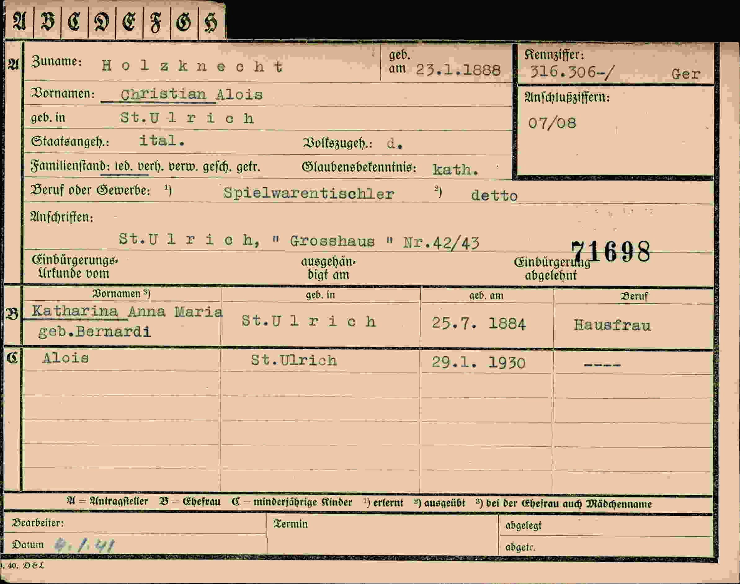 Dokument für Christian Alois Holzknecht