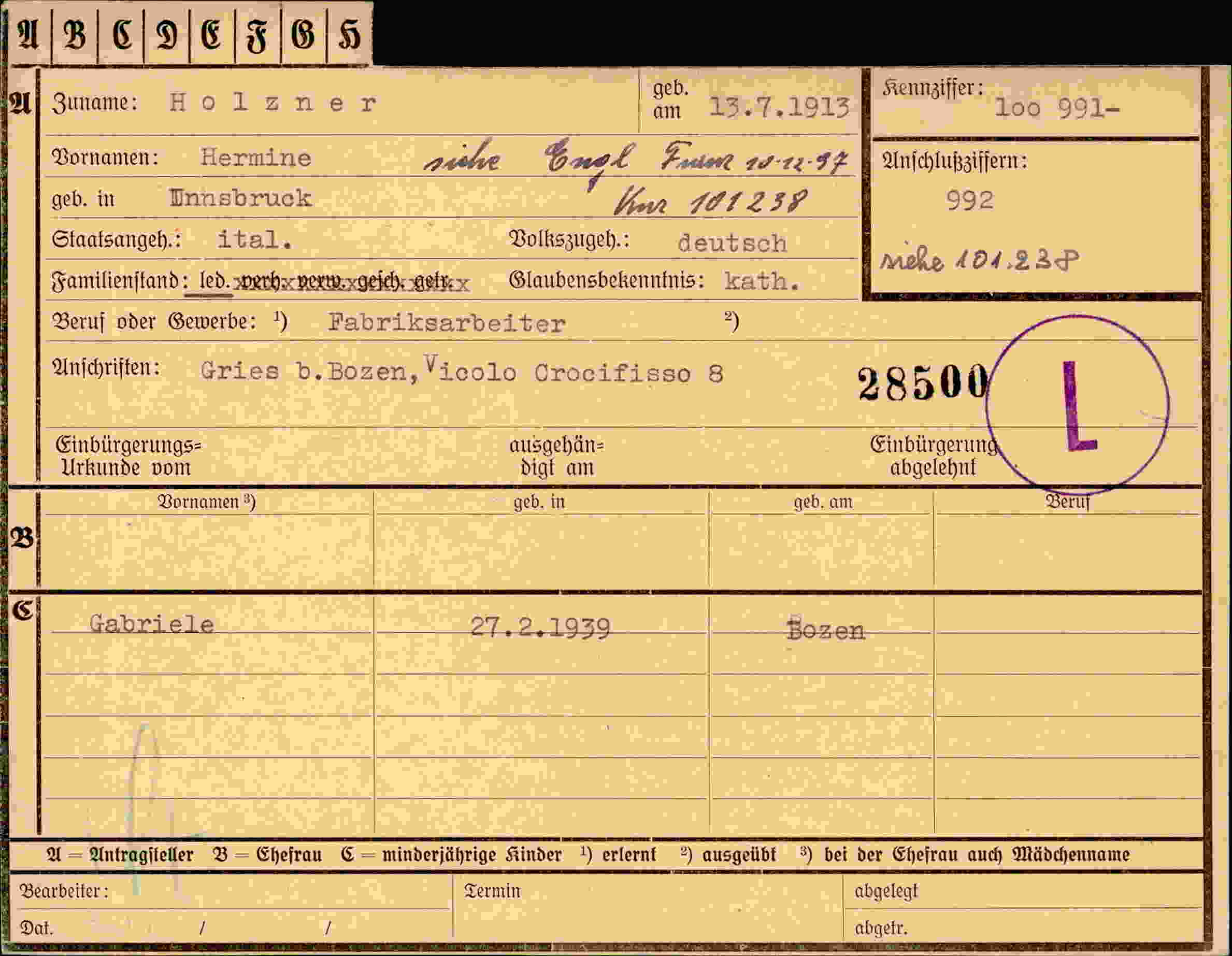 Dokument für Hermine Holzner