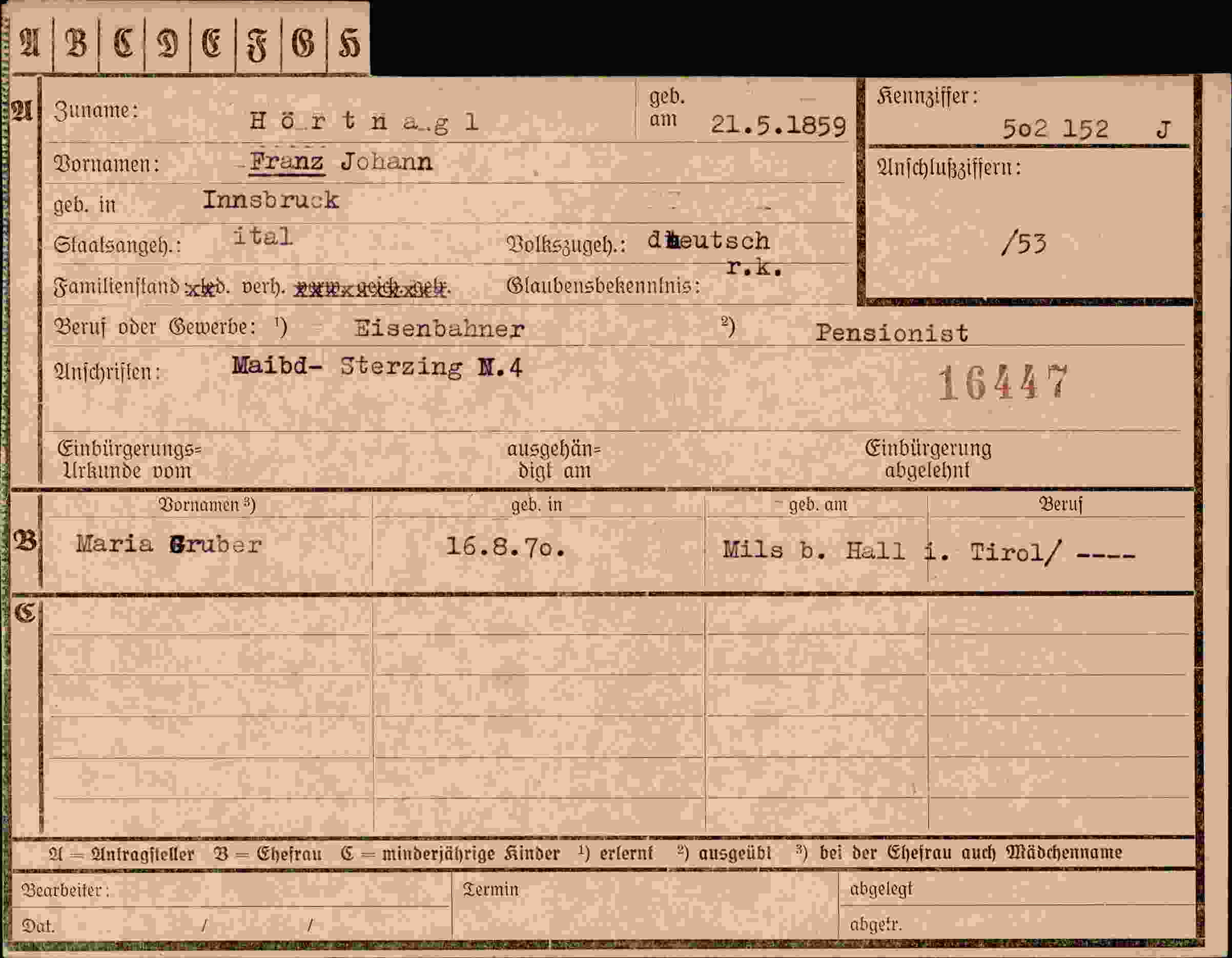 Dokument für Franz Johann Hörtnagl