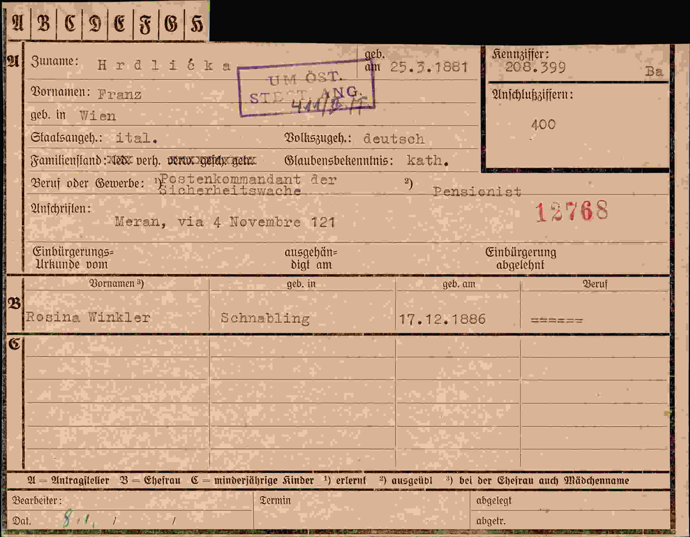 Dokument für Franz Hrdliéka