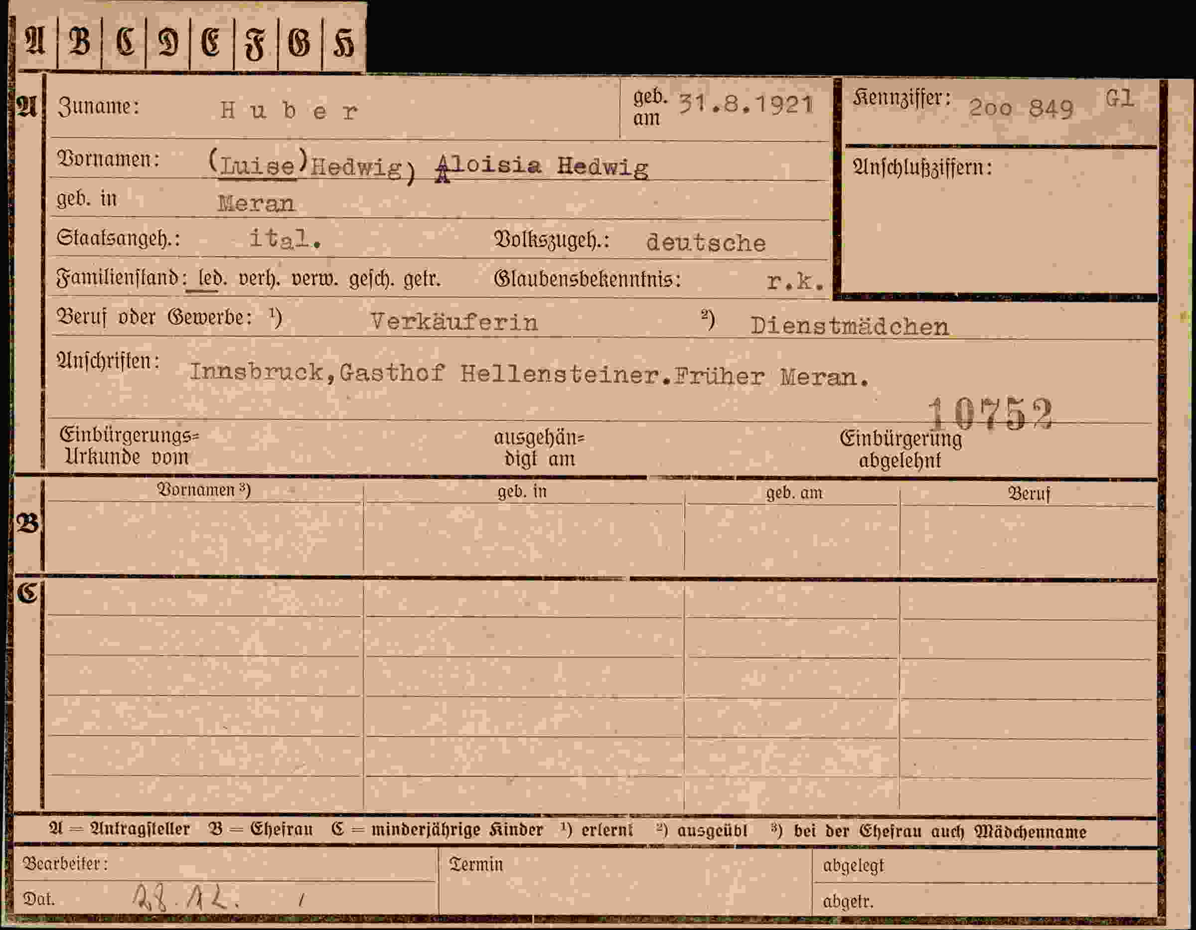 Dokument für Aloisia Hedwig Huber