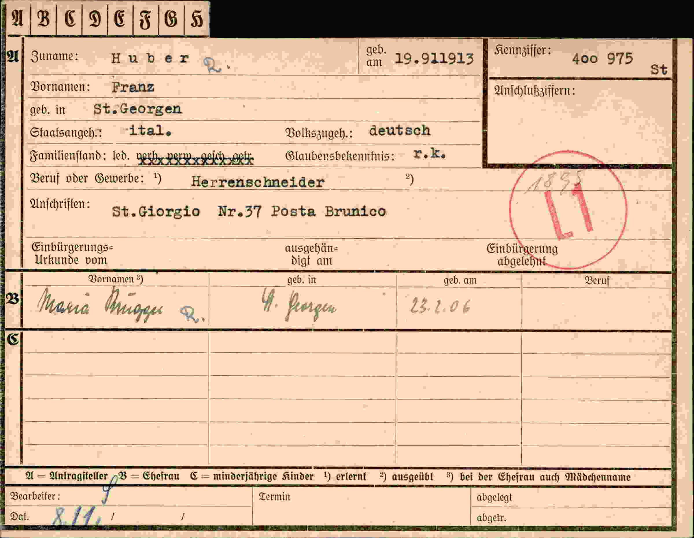 Dokument für Franz Huber
