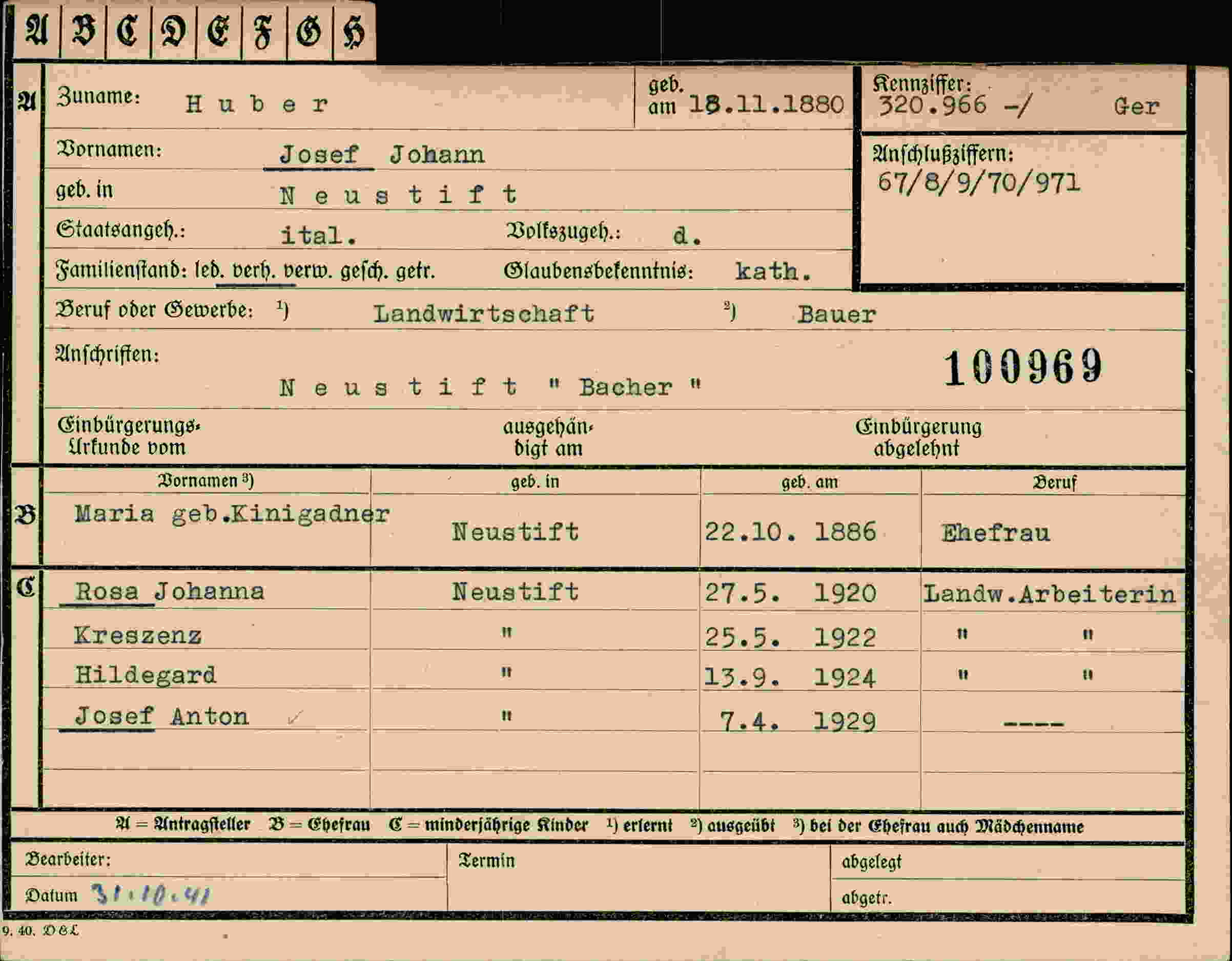 Dokument für Josef Johann Huber