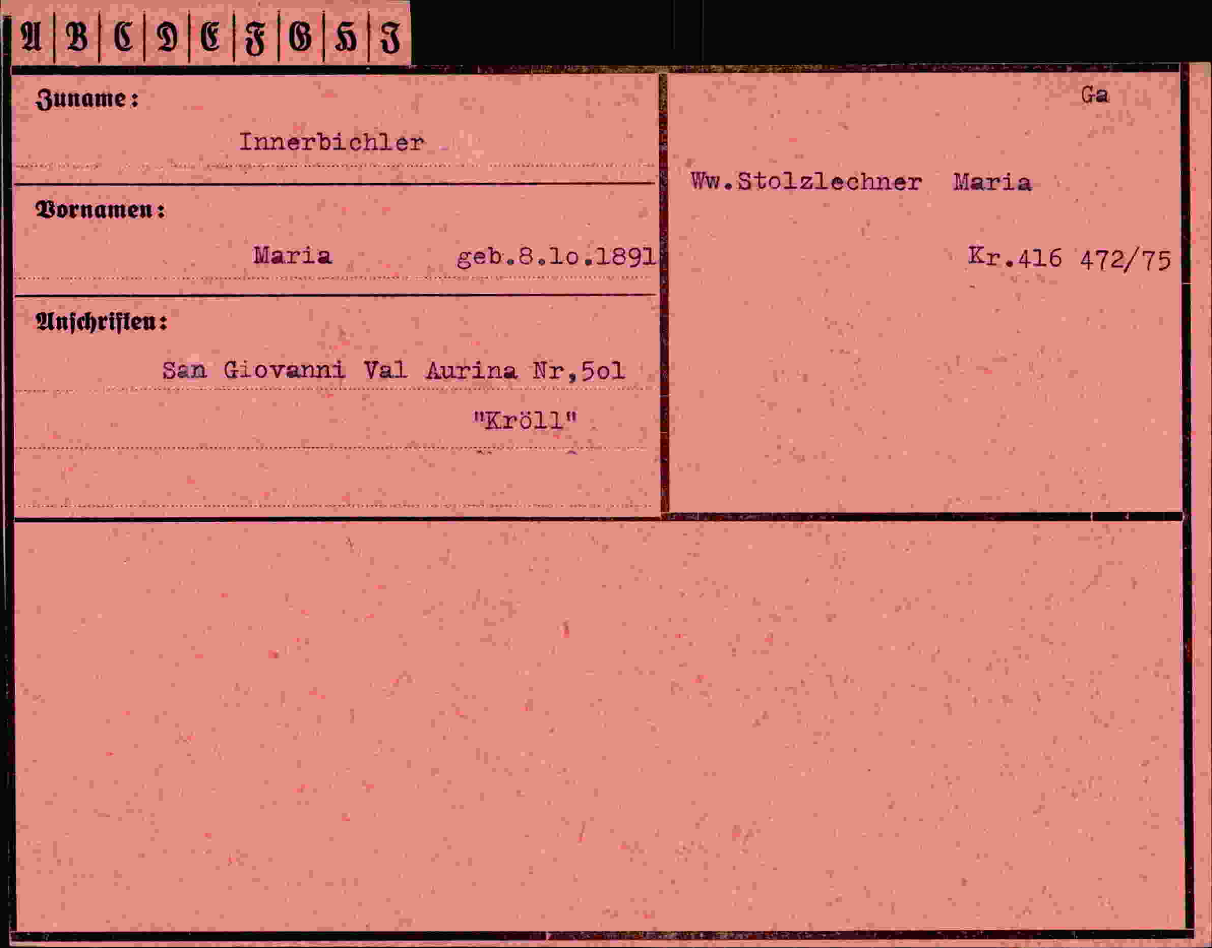 Dokument für Maria Innerbichler