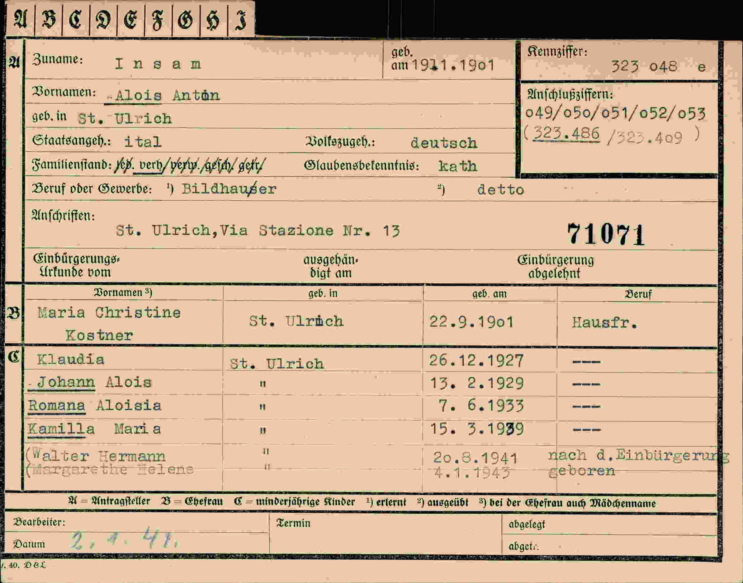Dokument für Alois Anton Insam