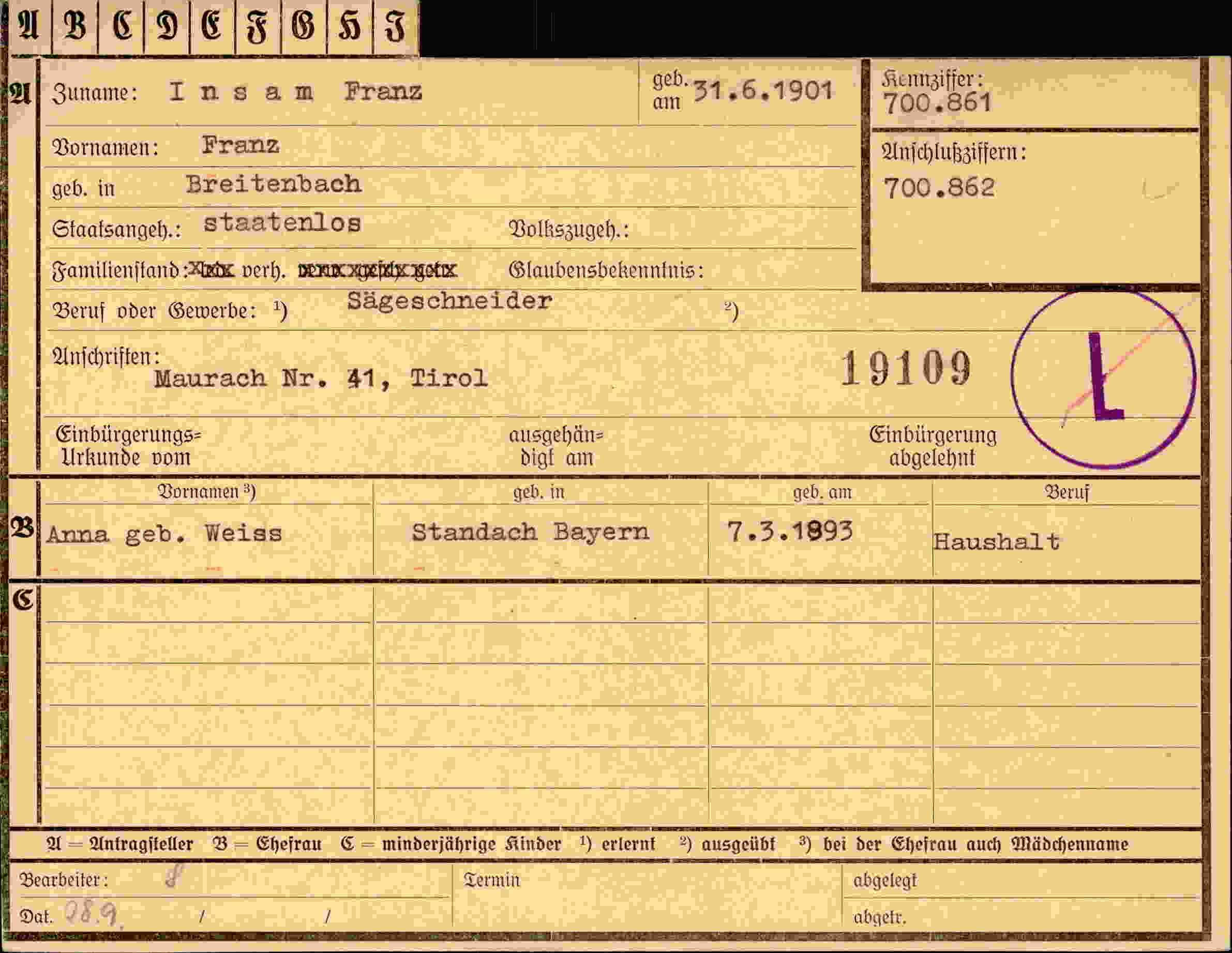 Dokument für Franz Insam Franz