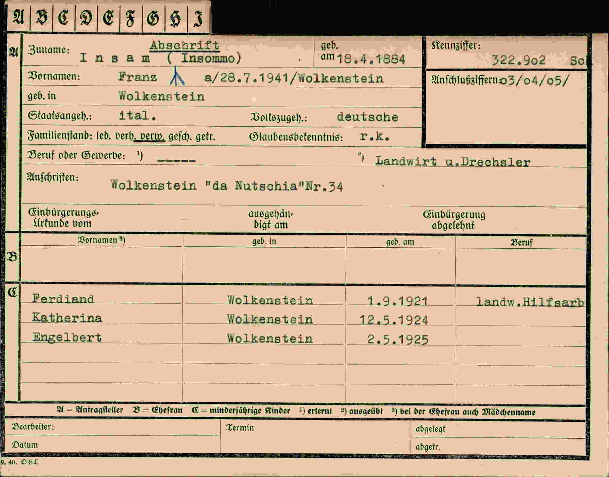 Dokument für Franz Abschrift