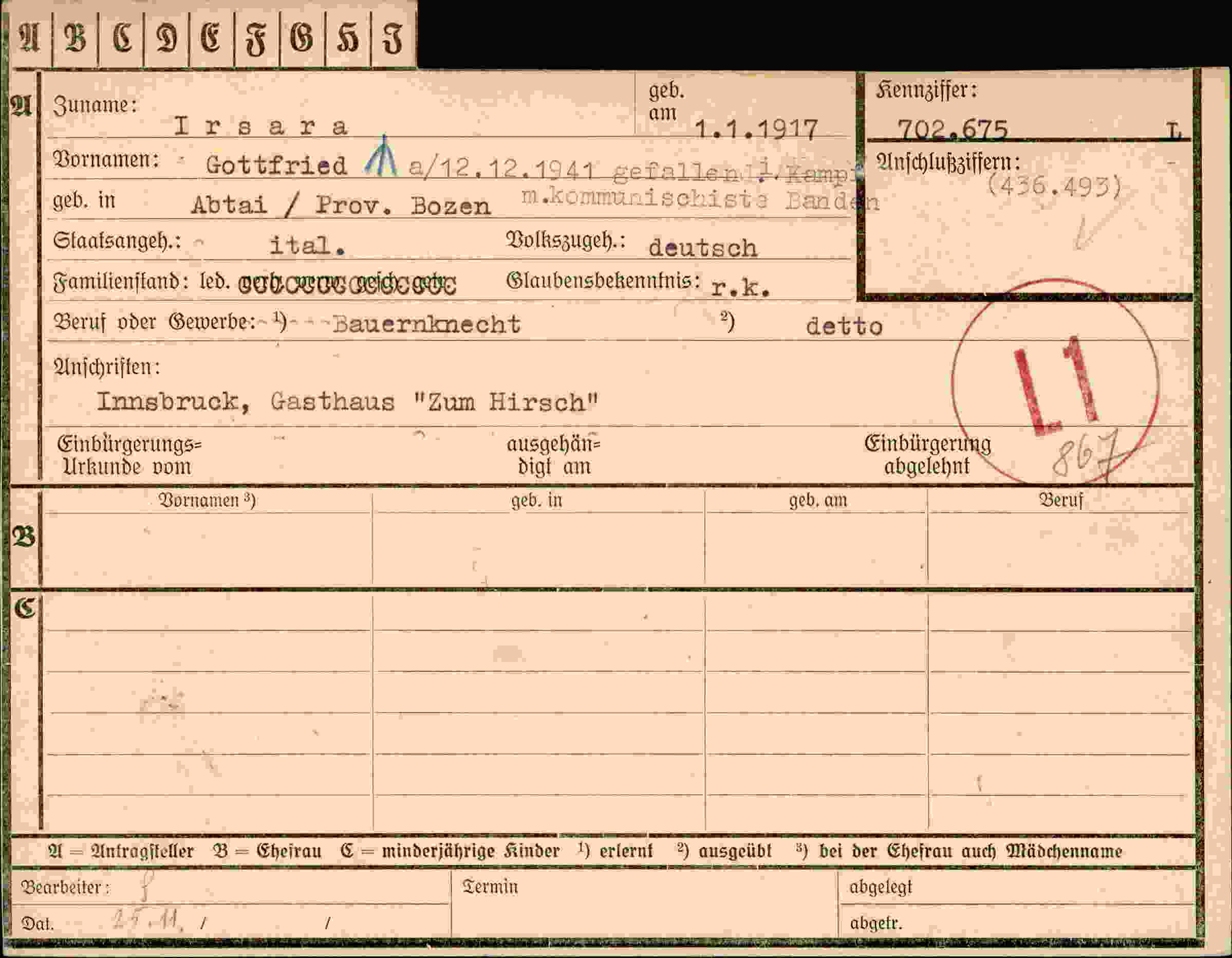 Dokument für Gottfried Irsara