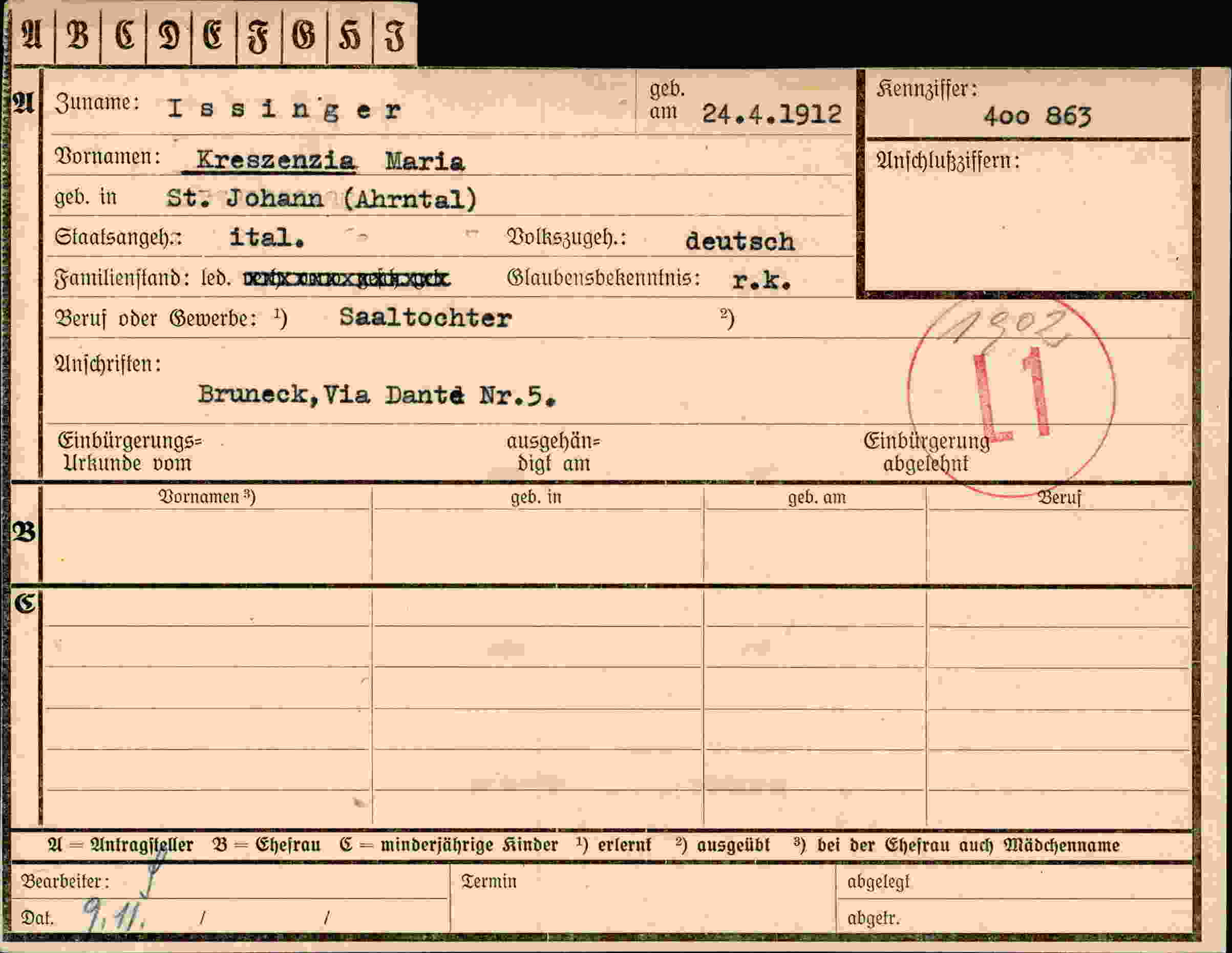Dokument für Kreszenzia Maria Assinger