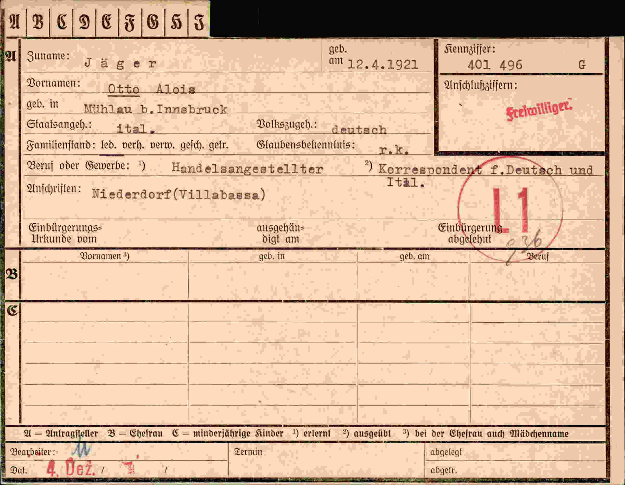Dokument für Otto Alois Jäger