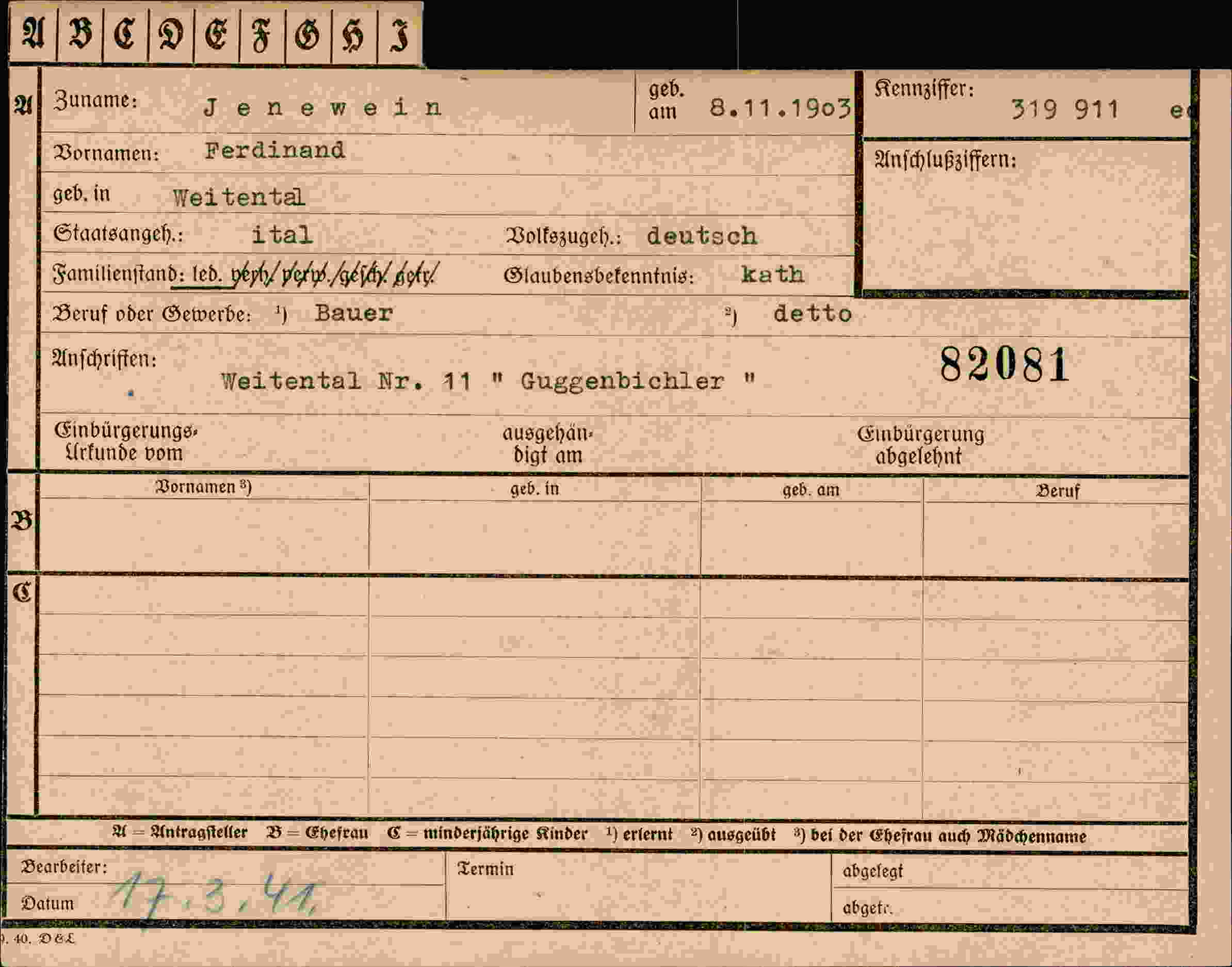 Dokument für Ferdinand Jenewein